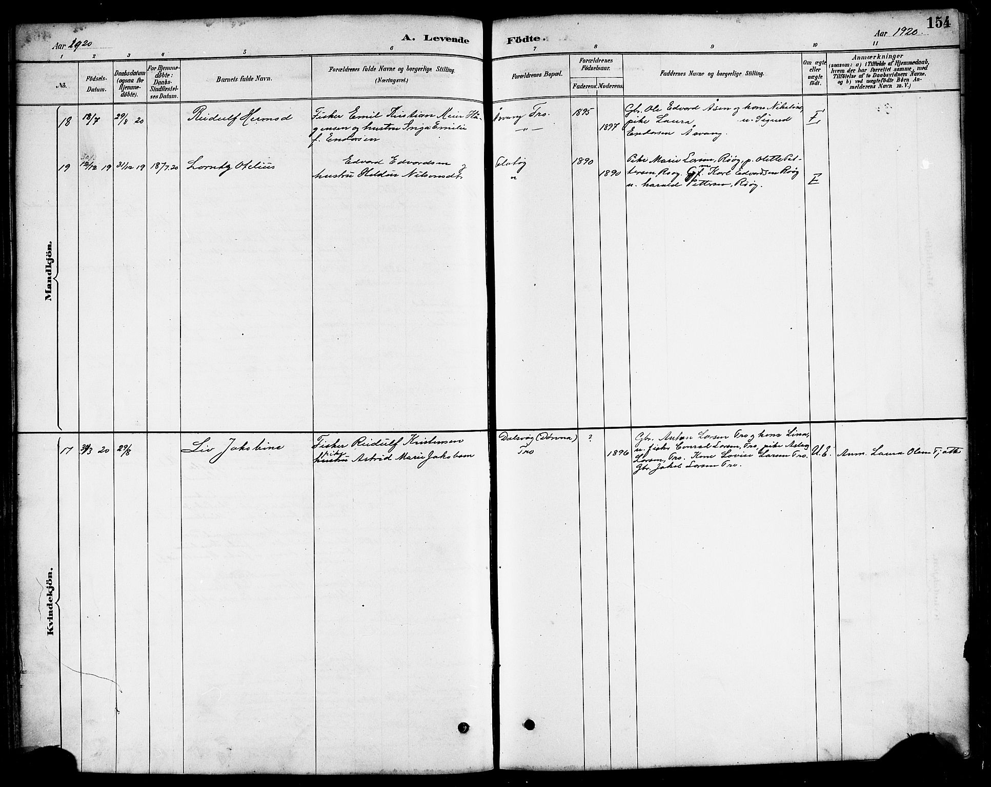 Ministerialprotokoller, klokkerbøker og fødselsregistre - Nordland, AV/SAT-A-1459/817/L0268: Parish register (copy) no. 817C03, 1884-1920, p. 154