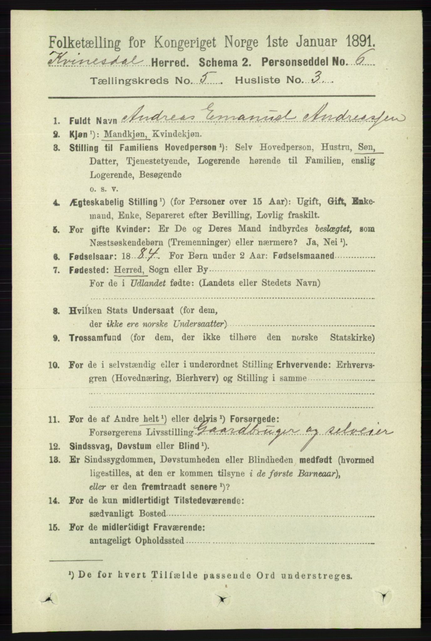 RA, 1891 census for 1037 Kvinesdal, 1891, p. 1717