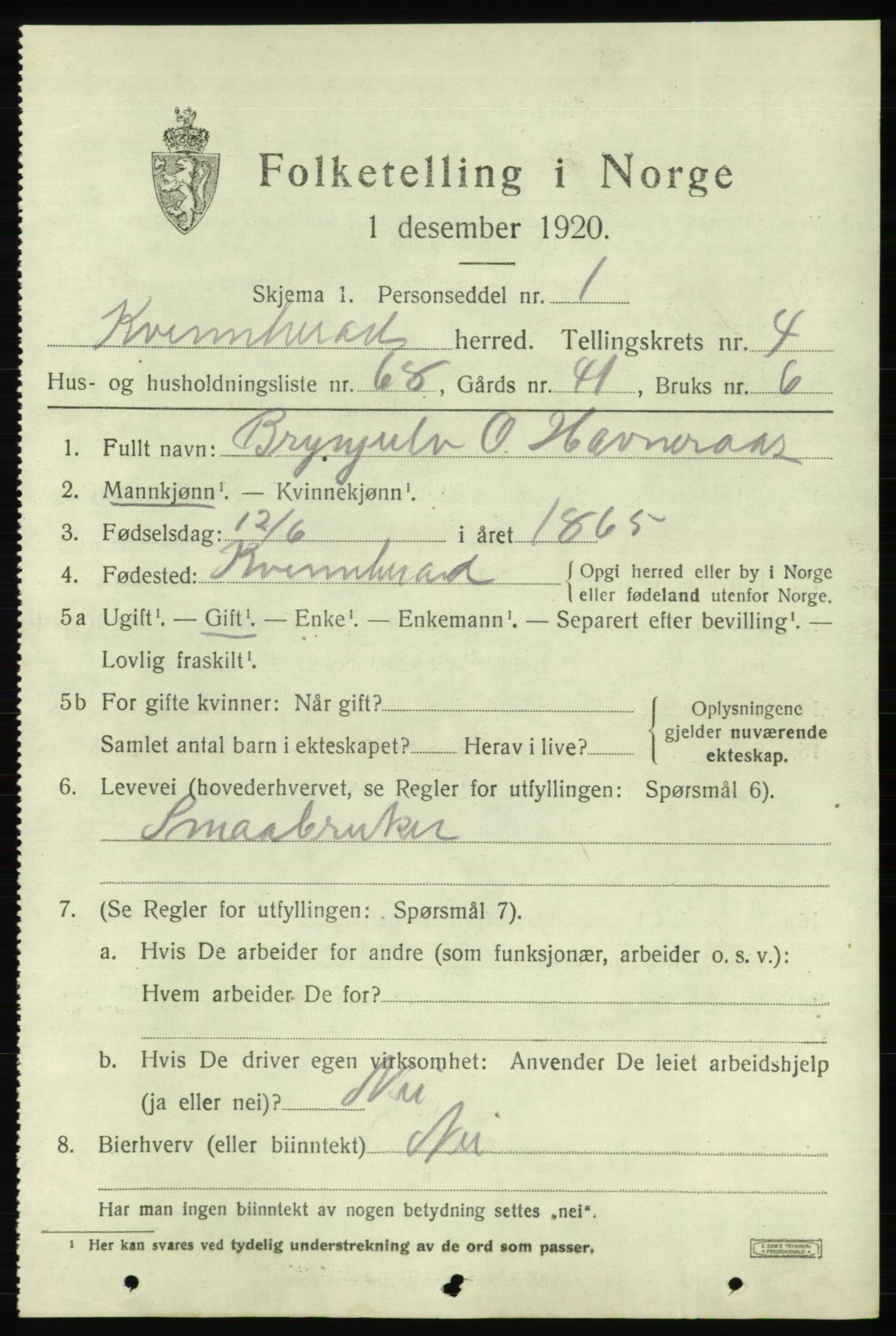 SAB, 1920 census for Kvinnherad, 1920, p. 5964