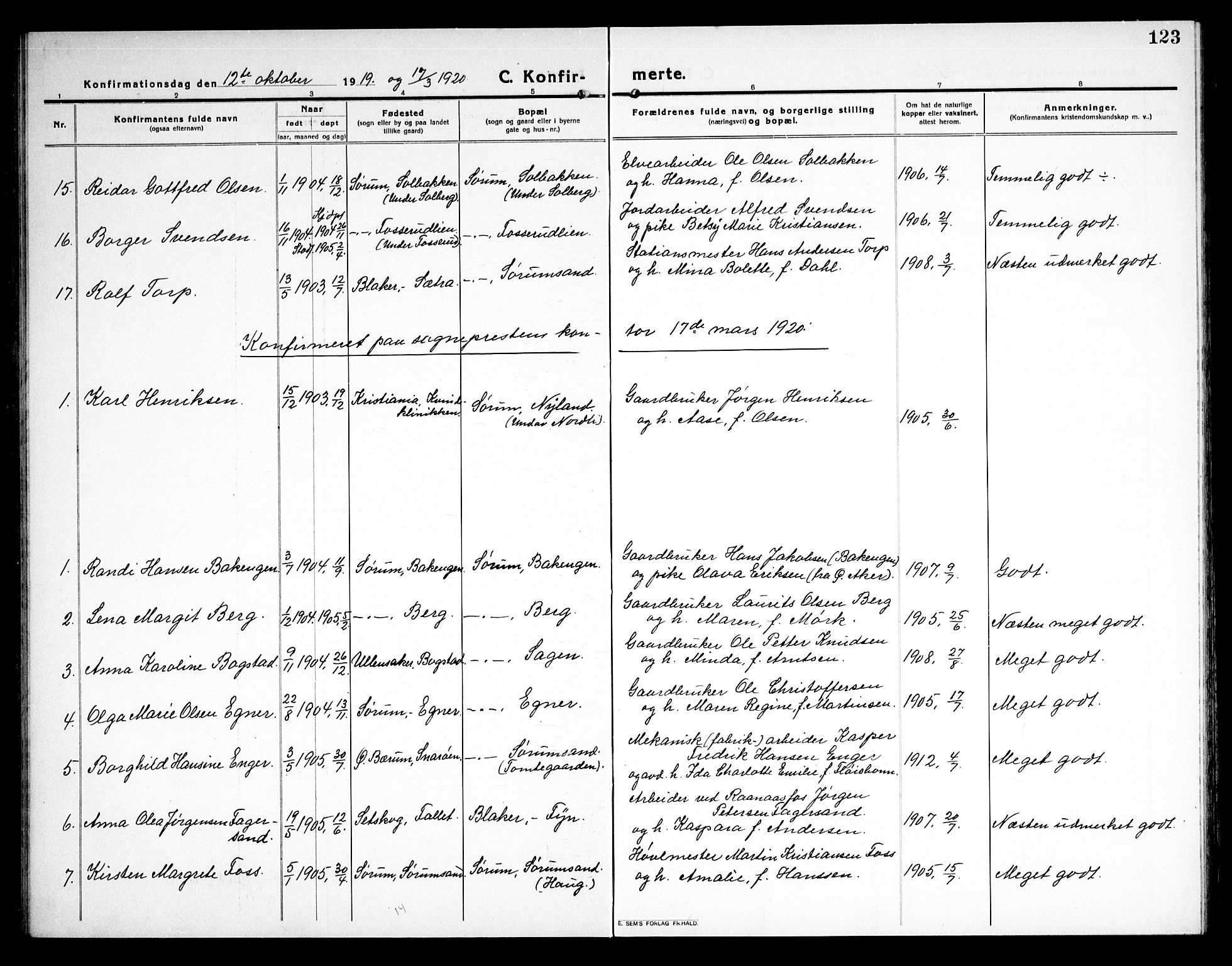 Sørum prestekontor Kirkebøker, AV/SAO-A-10303/G/Ga/L0008: Parish register (copy) no. I 8, 1917-1934, p. 123