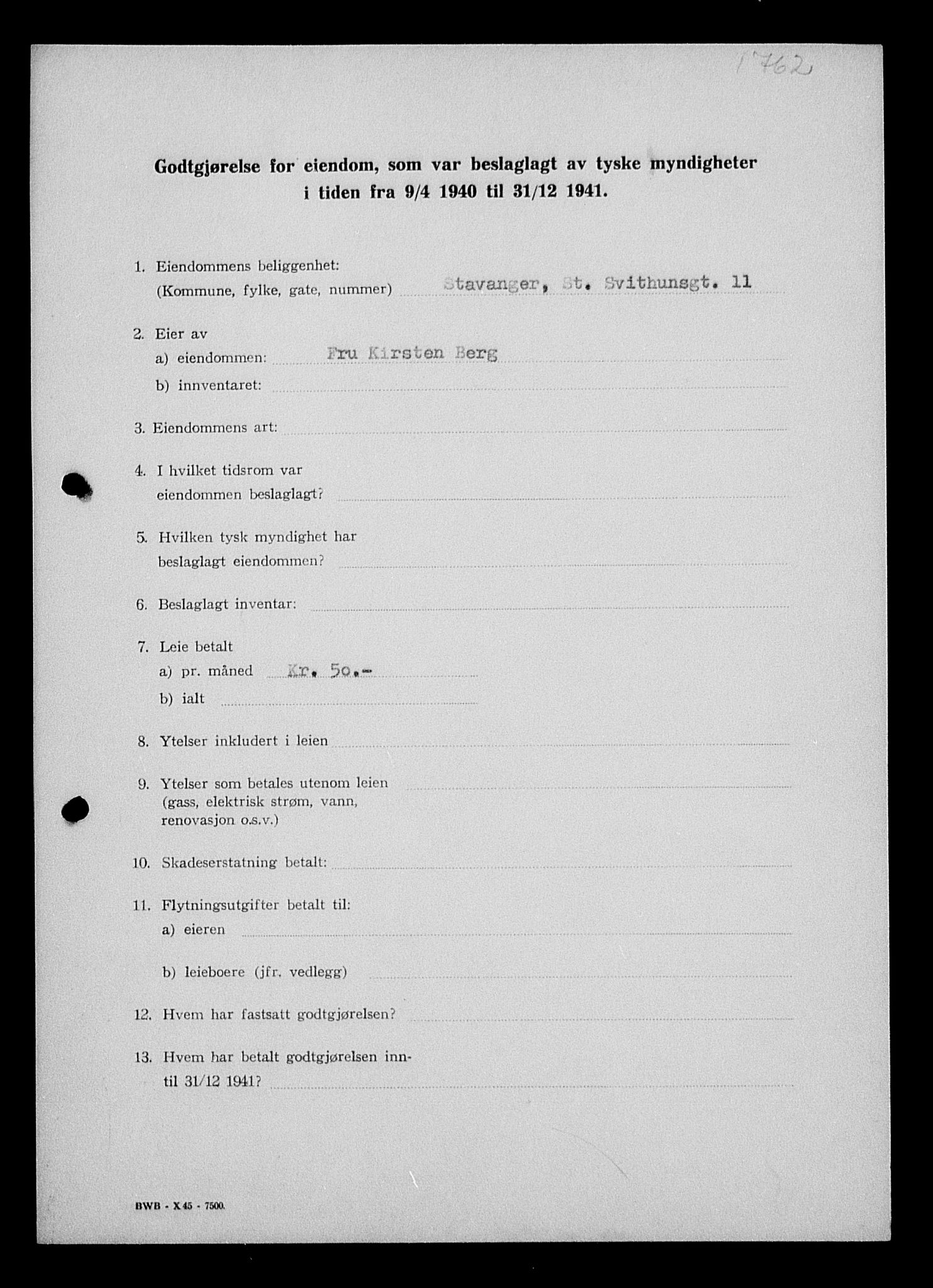 Justisdepartementet, Tilbakeføringskontoret for inndratte formuer, AV/RA-S-1564/I/L1014: Godtgjørelse for beslaglagt eiendom, 1940-1941, p. 9