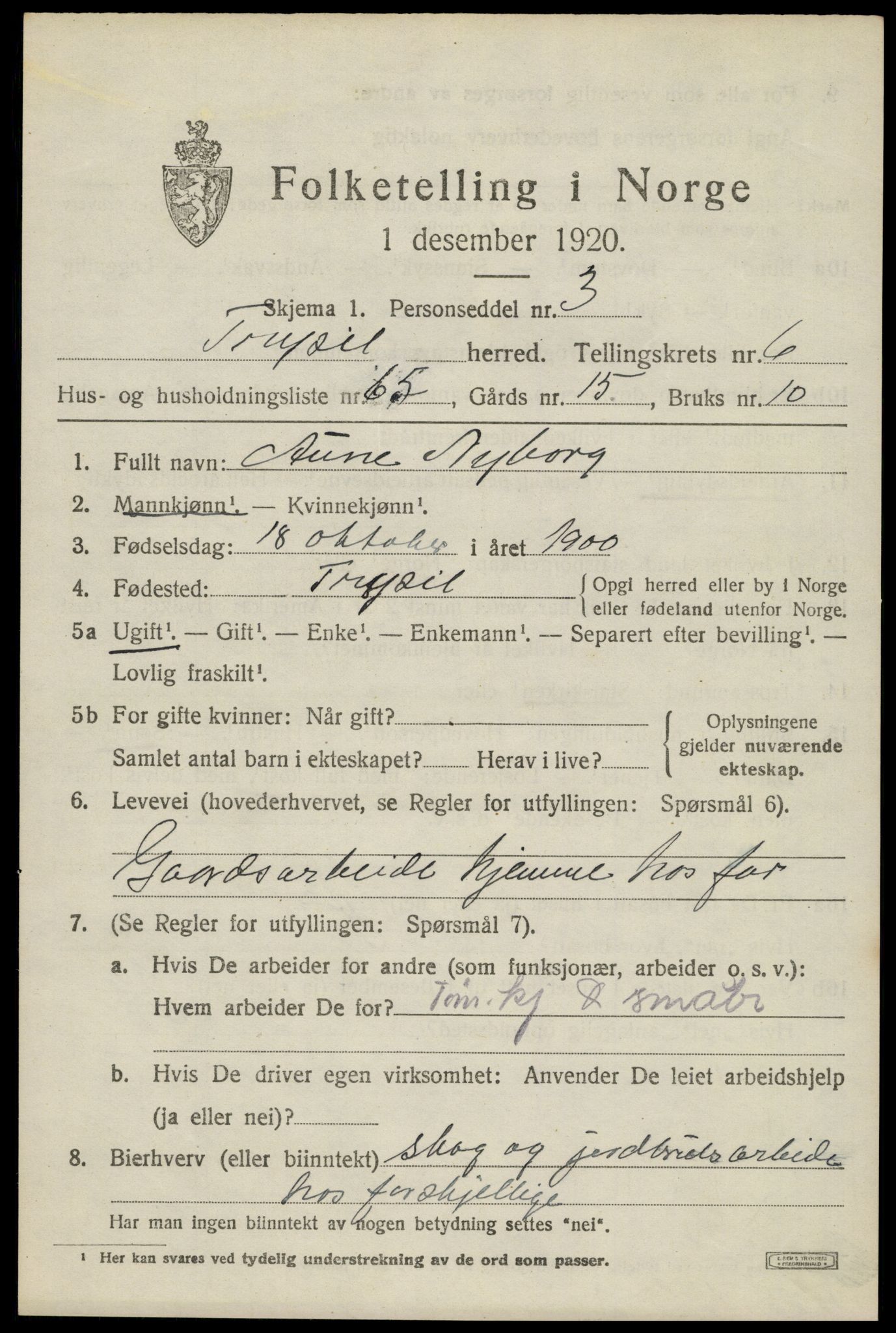 SAH, 1920 census for Trysil, 1920, p. 5219