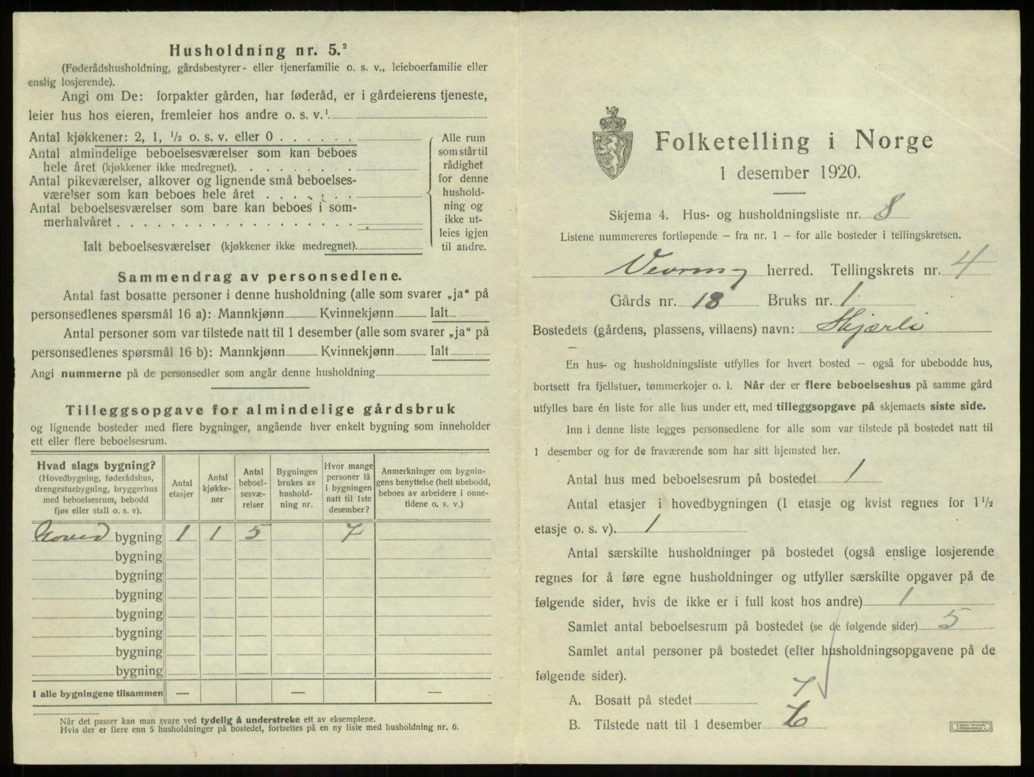 SAB, 1920 census for Vevring, 1920, p. 200