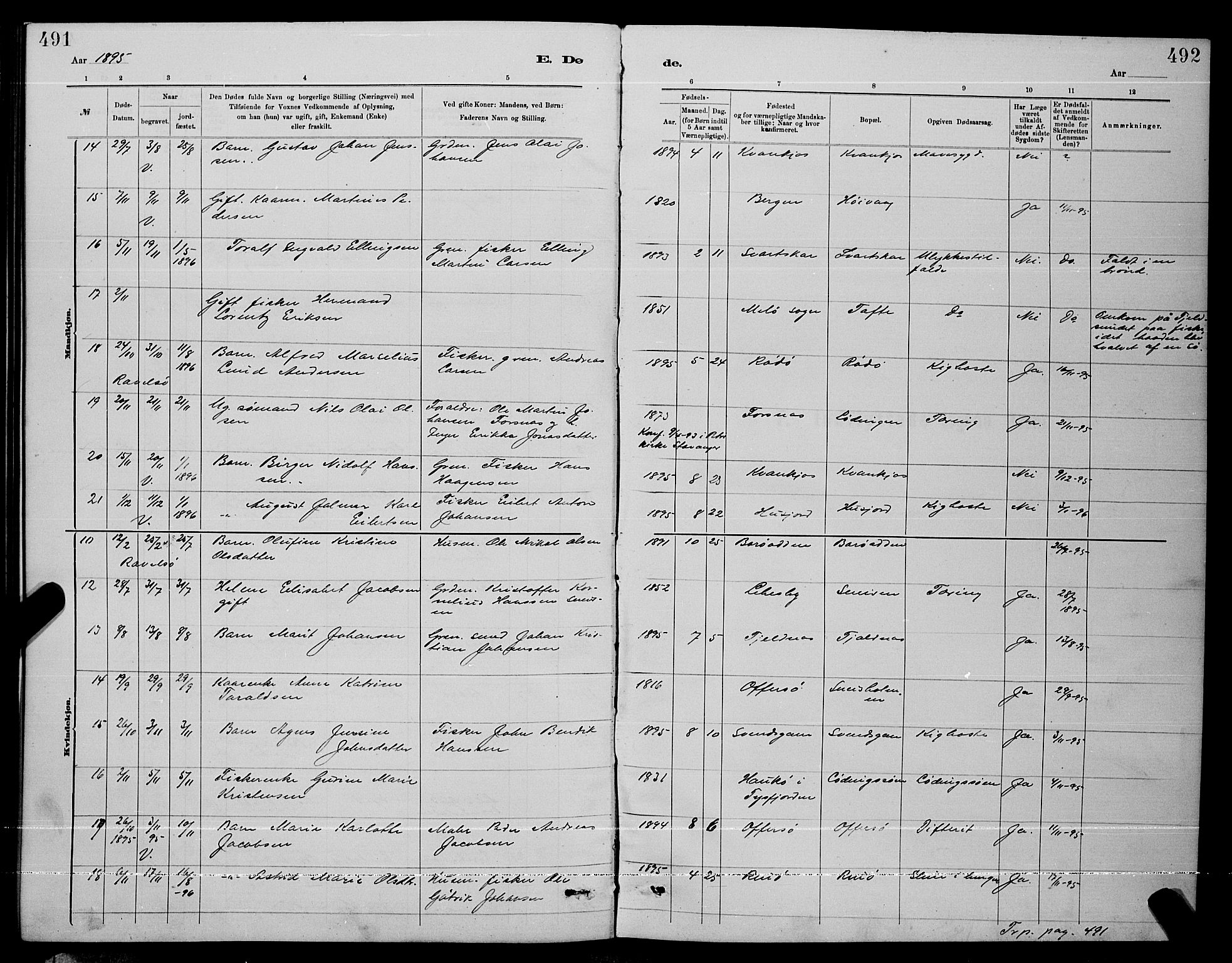 Ministerialprotokoller, klokkerbøker og fødselsregistre - Nordland, AV/SAT-A-1459/872/L1047: Parish register (copy) no. 872C03, 1880-1897, p. 491-492