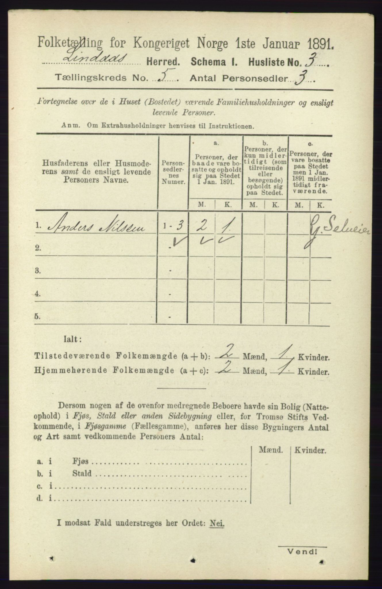 RA, 1891 census for 1263 Lindås, 1891, p. 1398