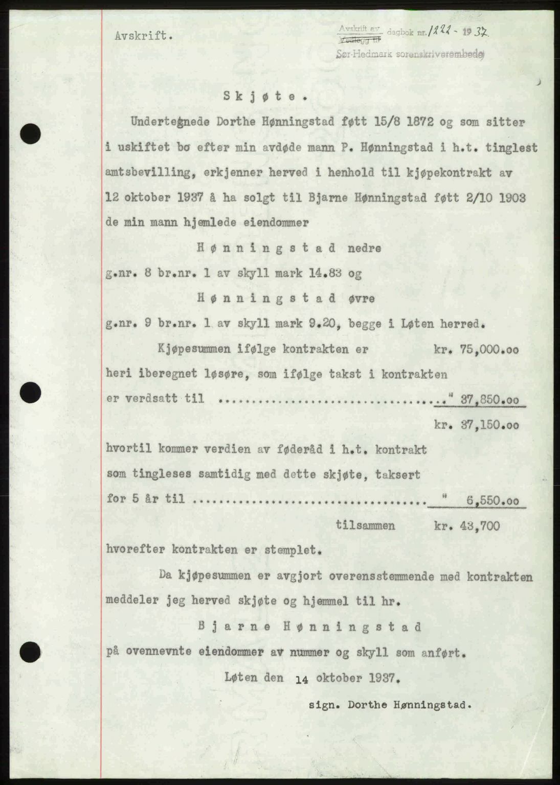 Sør-Hedmark sorenskriveri, SAH/TING-014/H/Hb/Hbd/L0003: Mortgage book no. 3, 1937-1938, Diary no: : 1222/1937