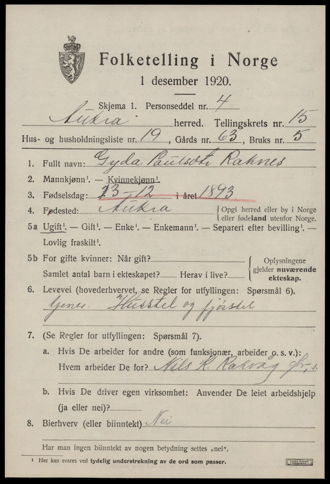 SAT, 1920 census for Aukra, 1920, p. 6929