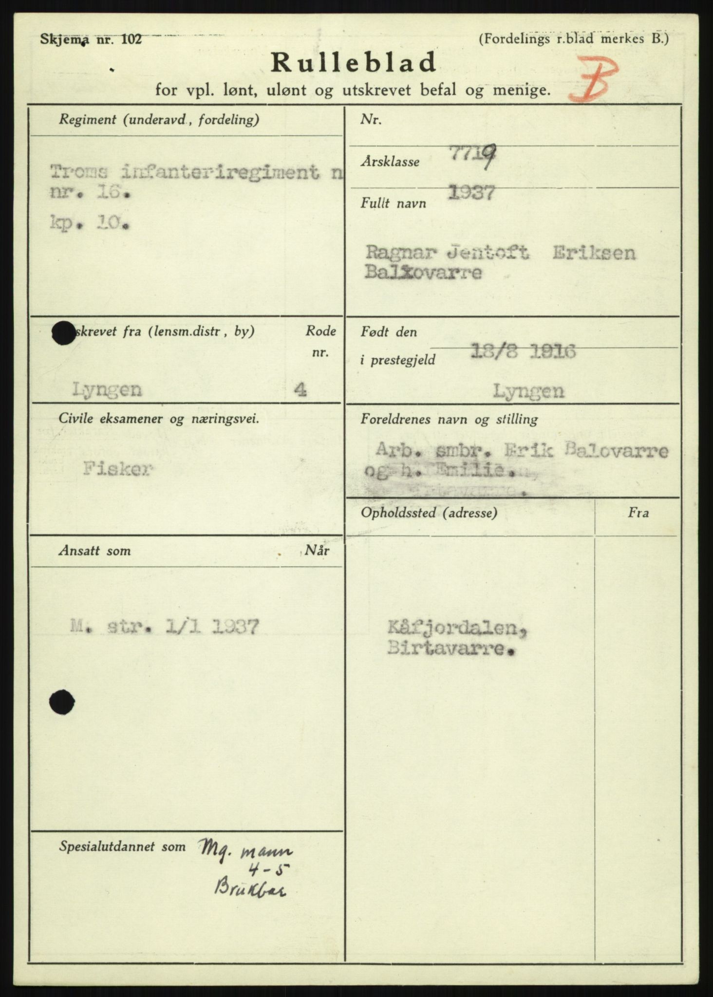 Forsvaret, Troms infanteriregiment nr. 16, AV/RA-RAFA-3146/P/Pa/L0021: Rulleblad for regimentets menige mannskaper, årsklasse 1937, 1937, p. 33