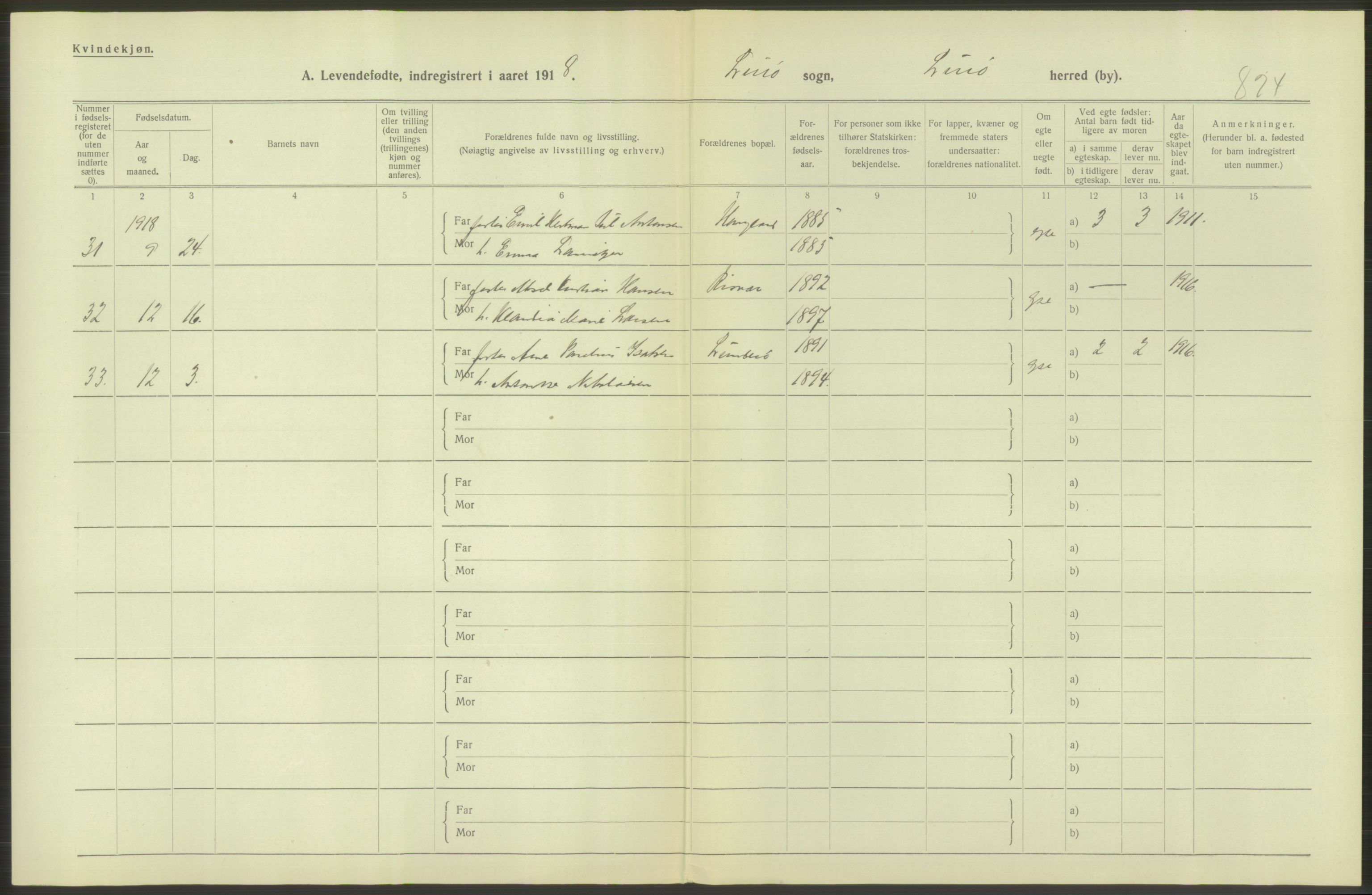 Statistisk sentralbyrå, Sosiodemografiske emner, Befolkning, RA/S-2228/D/Df/Dfb/Dfbh/L0052: Nordland fylke: Levendefødte menn og kvinner. Bygder., 1918, p. 138