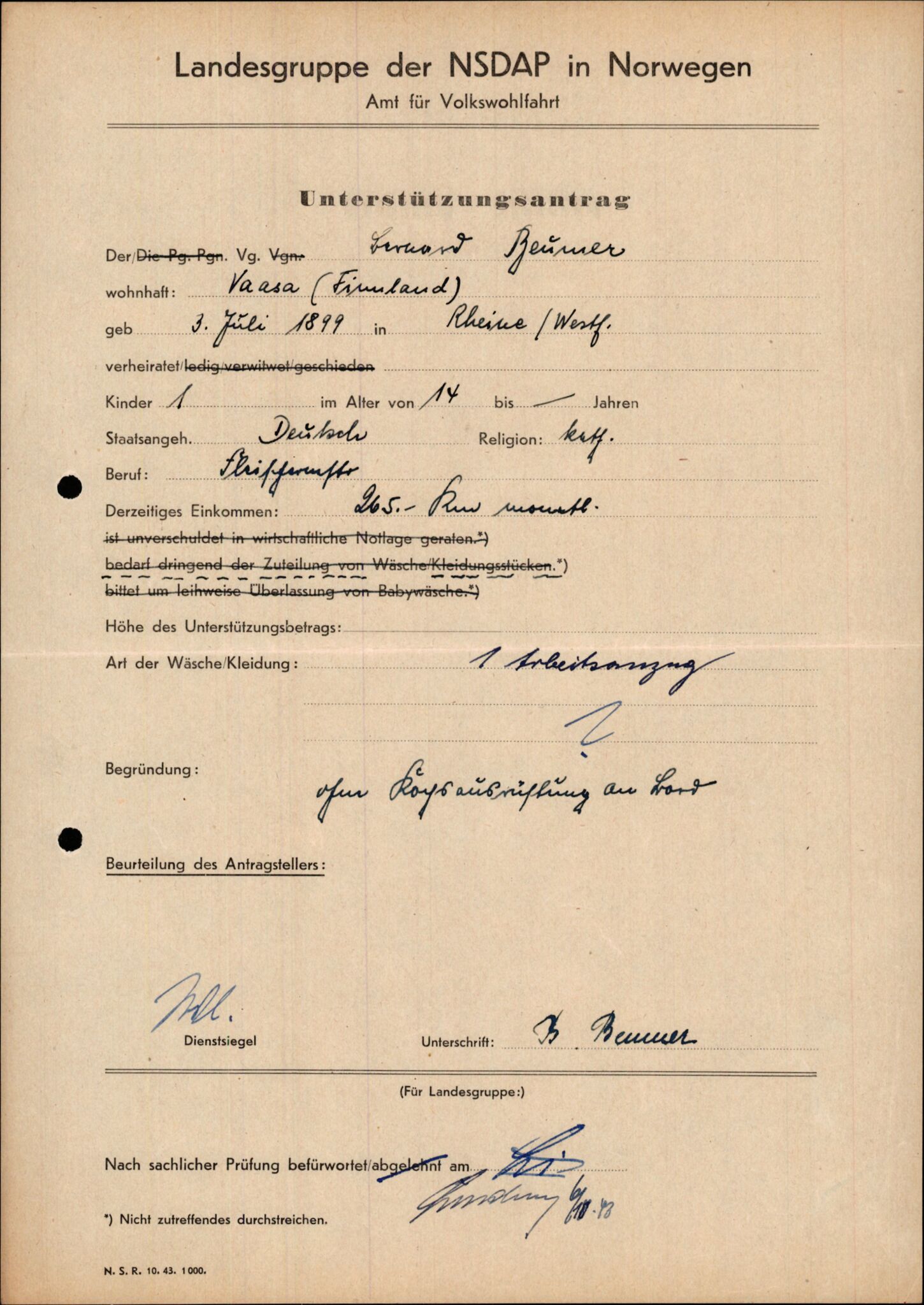 Forsvarets Overkommando. 2 kontor. Arkiv 11.4. Spredte tyske arkivsaker, AV/RA-RAFA-7031/D/Dar/Darb/L0015: Reichskommissariat - NSDAP in Norwegen, 1938-1945, p. 1025