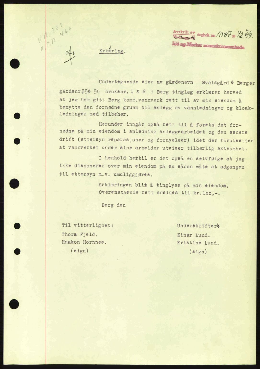 Idd og Marker sorenskriveri, AV/SAO-A-10283/G/Gb/Gbb/L0005: Mortgage book no. A5, 1941-1943, Diary no: : 1067/1942