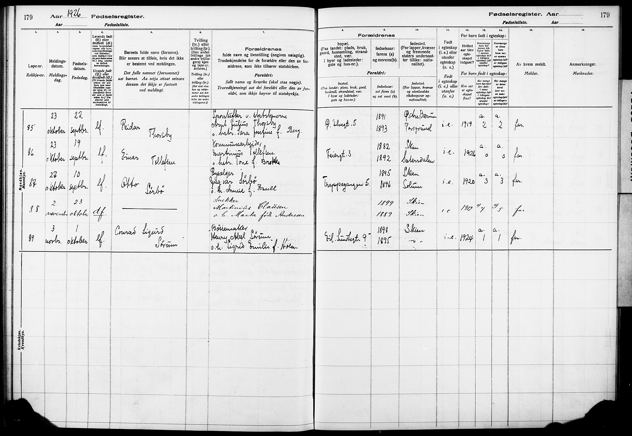 Skien kirkebøker, SAKO/A-302/J/Ja/L0002: Birth register no. 2, 1921-1927, p. 179