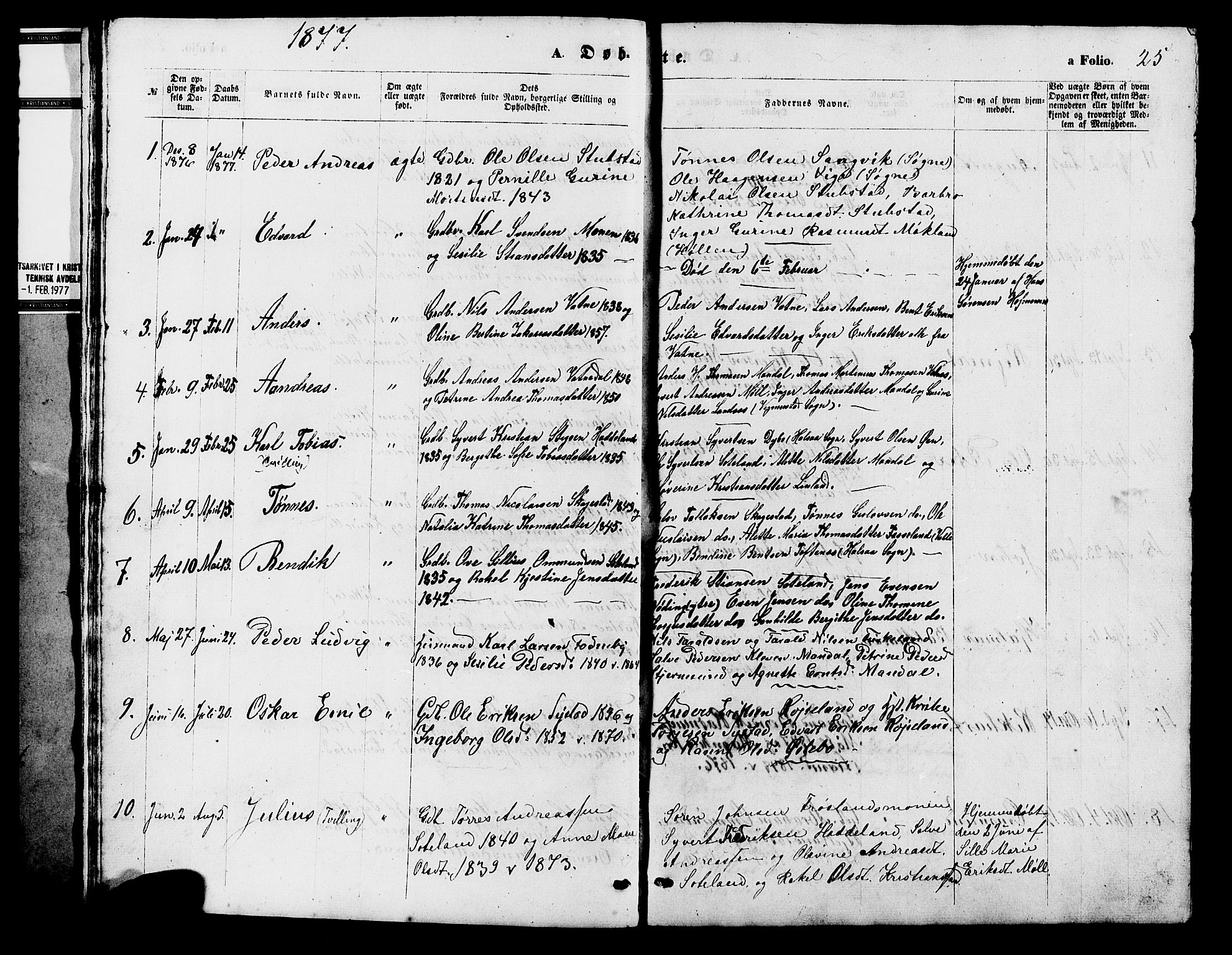 Holum sokneprestkontor, SAK/1111-0022/F/Fb/Fba/L0004: Parish register (copy) no. B 4, 1867-1890, p. 25