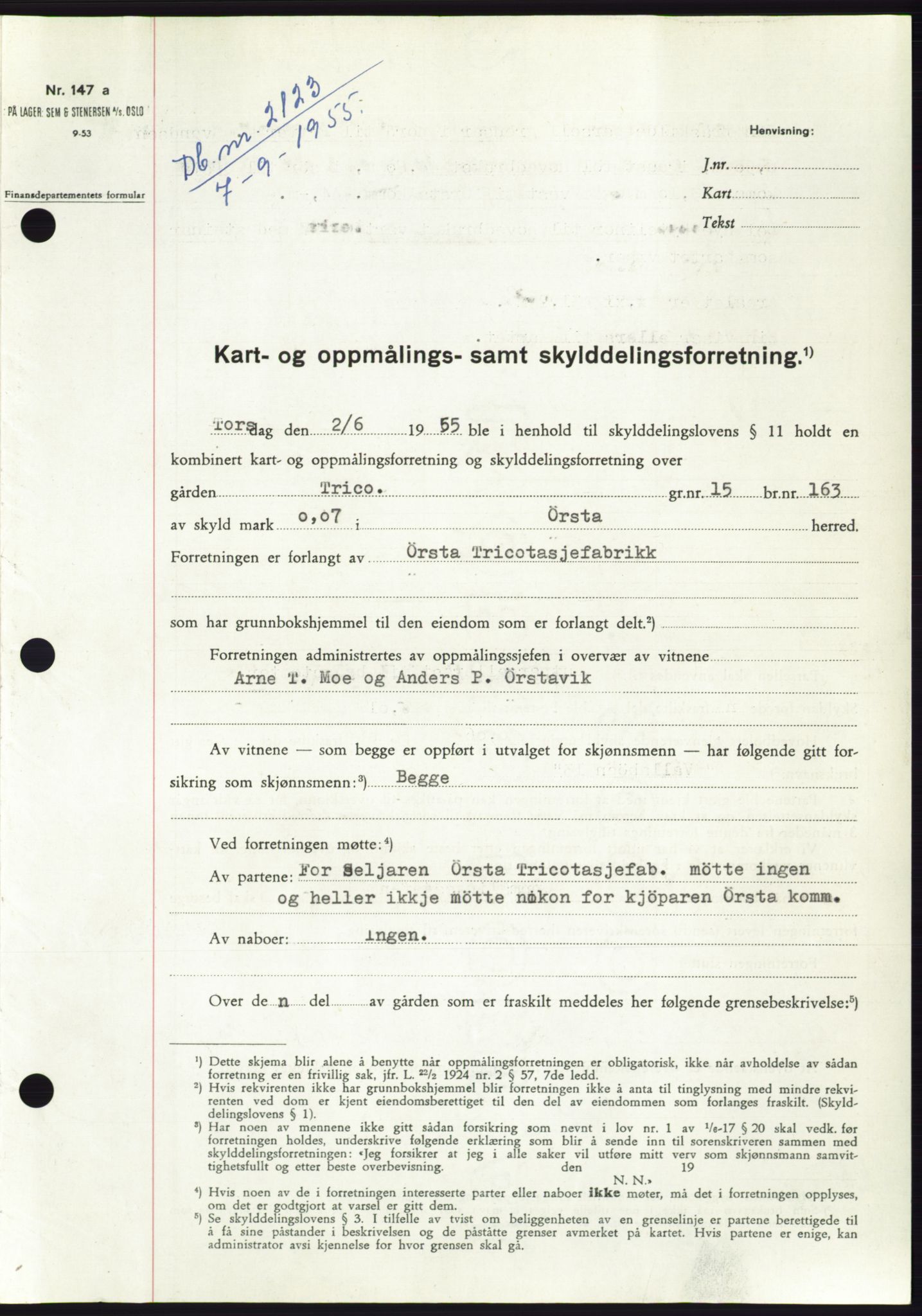 Søre Sunnmøre sorenskriveri, AV/SAT-A-4122/1/2/2C/L0101: Mortgage book no. 27A, 1955-1955, Diary no: : 2123/1955