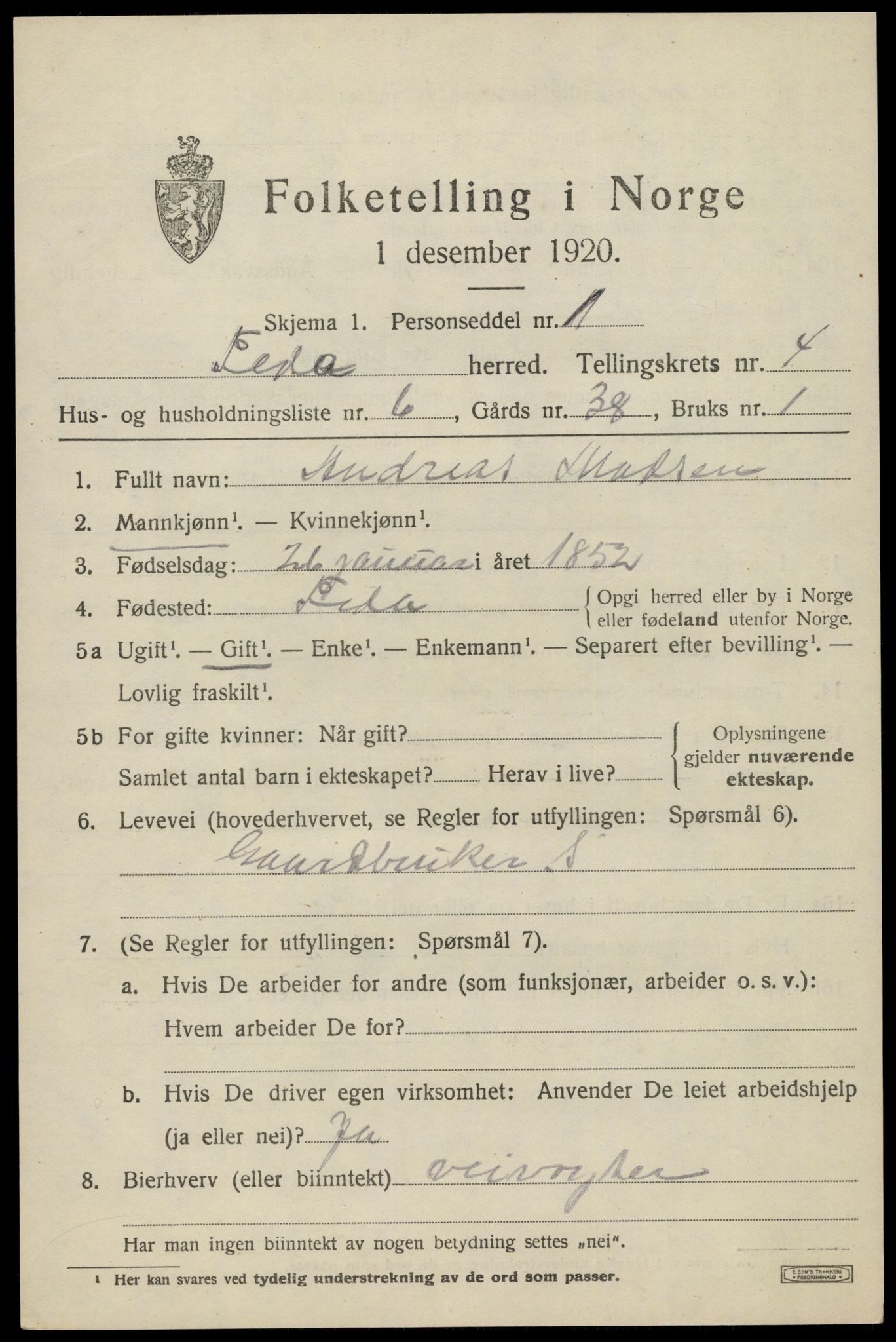 SAK, 1920 census for Feda, 1920, p. 1871