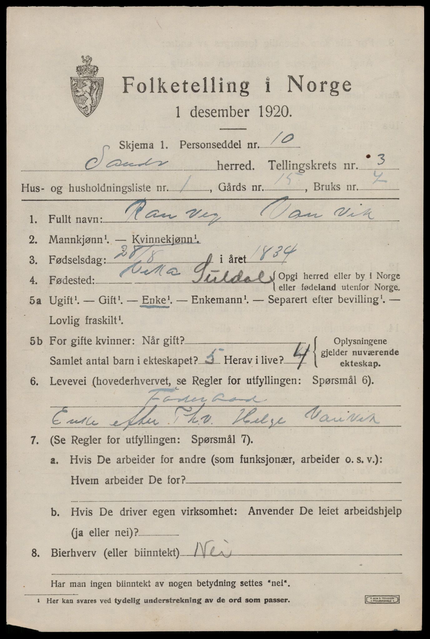 SAST, 1920 census for Sand, 1920, p. 1073