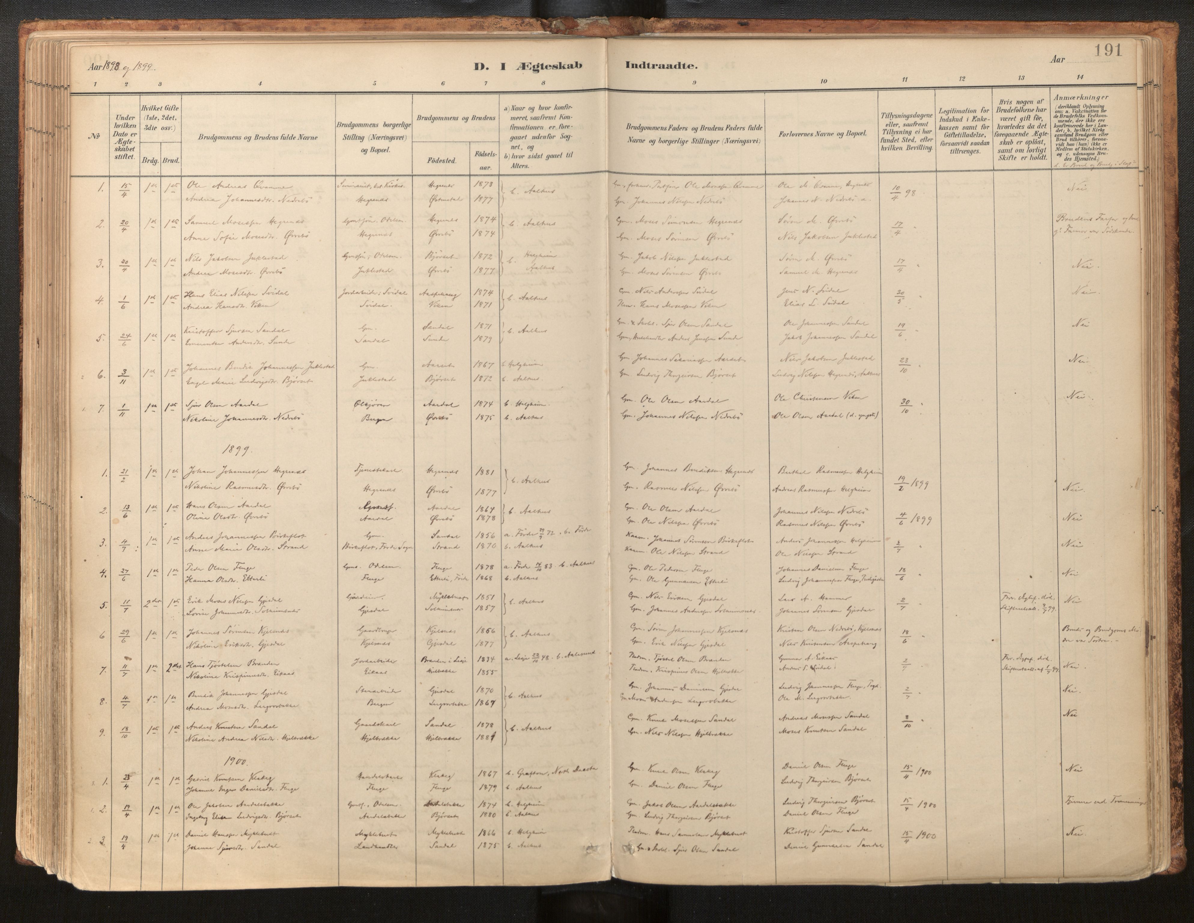 Jølster sokneprestembete, AV/SAB-A-80701/H/Haa/Haab/L0001: Parish register (official) no. B 1, 1882-1930, p. 191