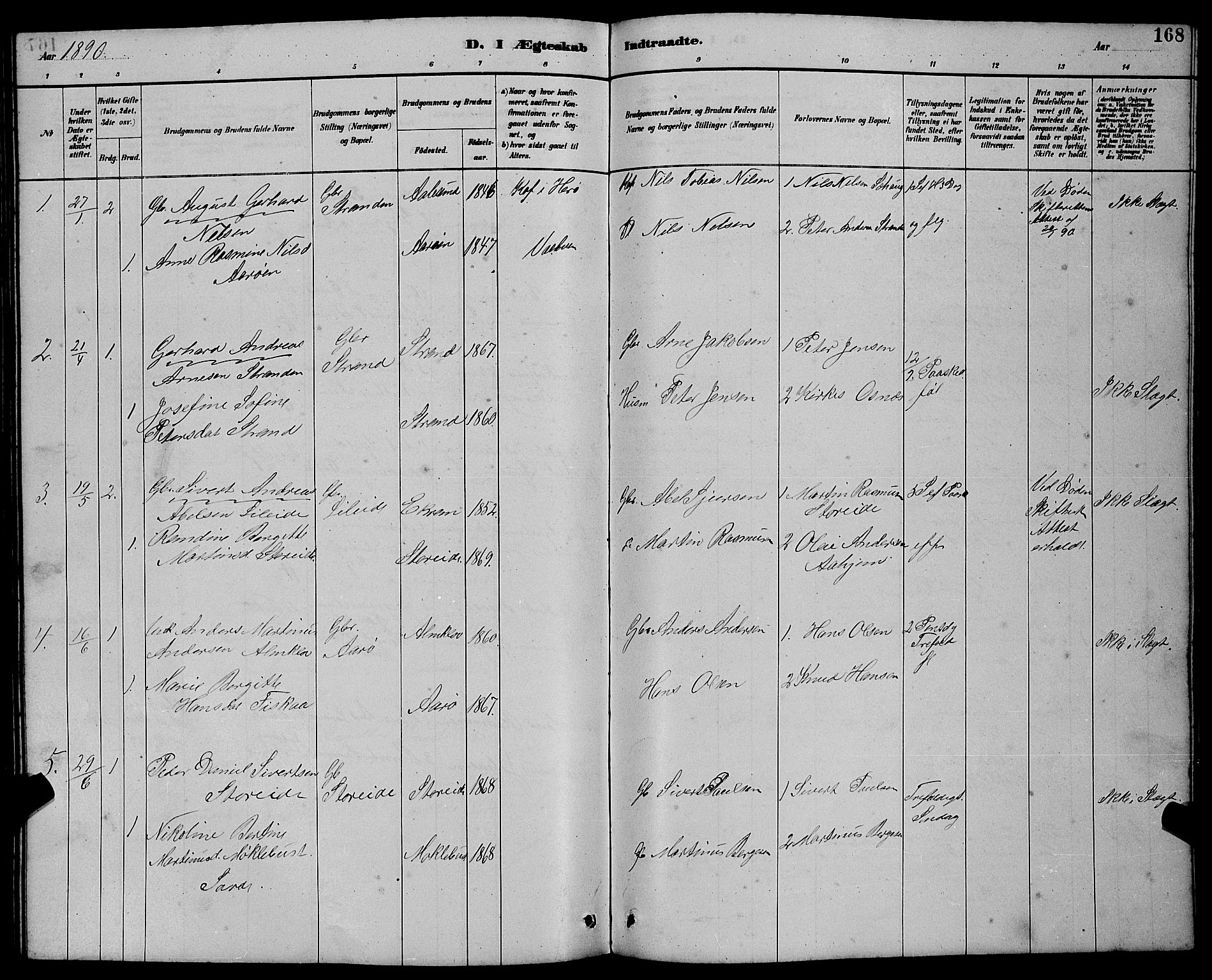 Ministerialprotokoller, klokkerbøker og fødselsregistre - Møre og Romsdal, AV/SAT-A-1454/501/L0017: Parish register (copy) no. 501C03, 1885-1901, p. 168