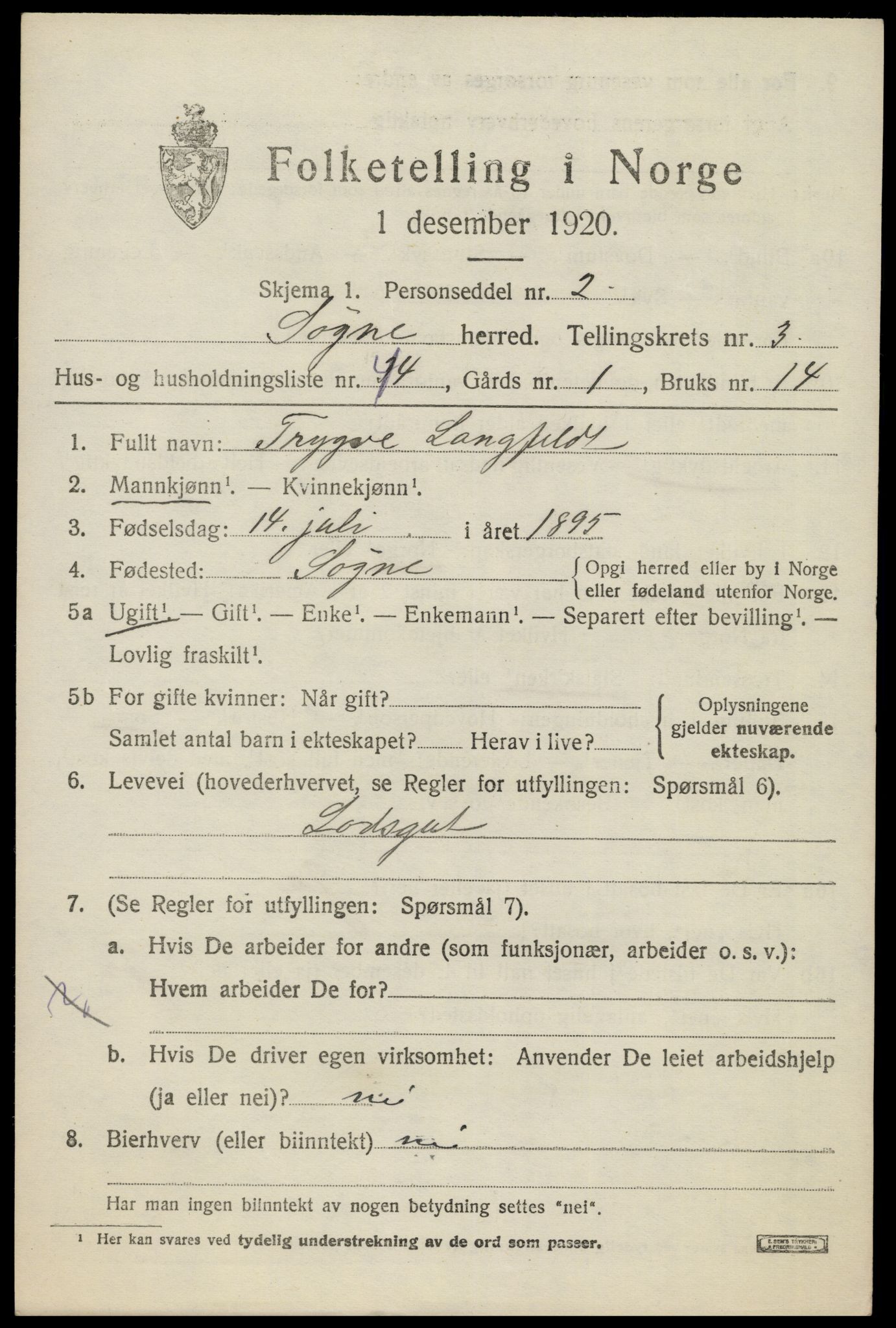 SAK, 1920 census for Søgne, 1920, p. 1995