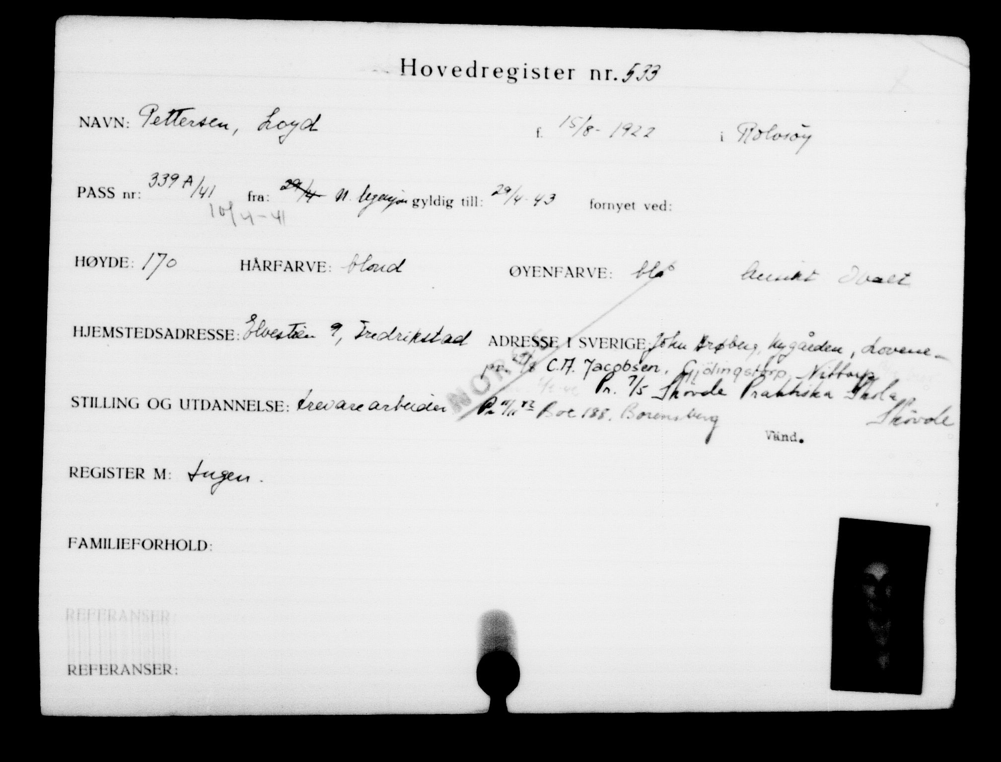 Utenriksstasjonene, Legasjonen i Stockholm, Flyktningkontoret, AV/RA-S-6753/V/Va/L0001: Kjesäterkartoteket, flyktninger med registreringsnr. 1-1000, 1940-1945, p. 826