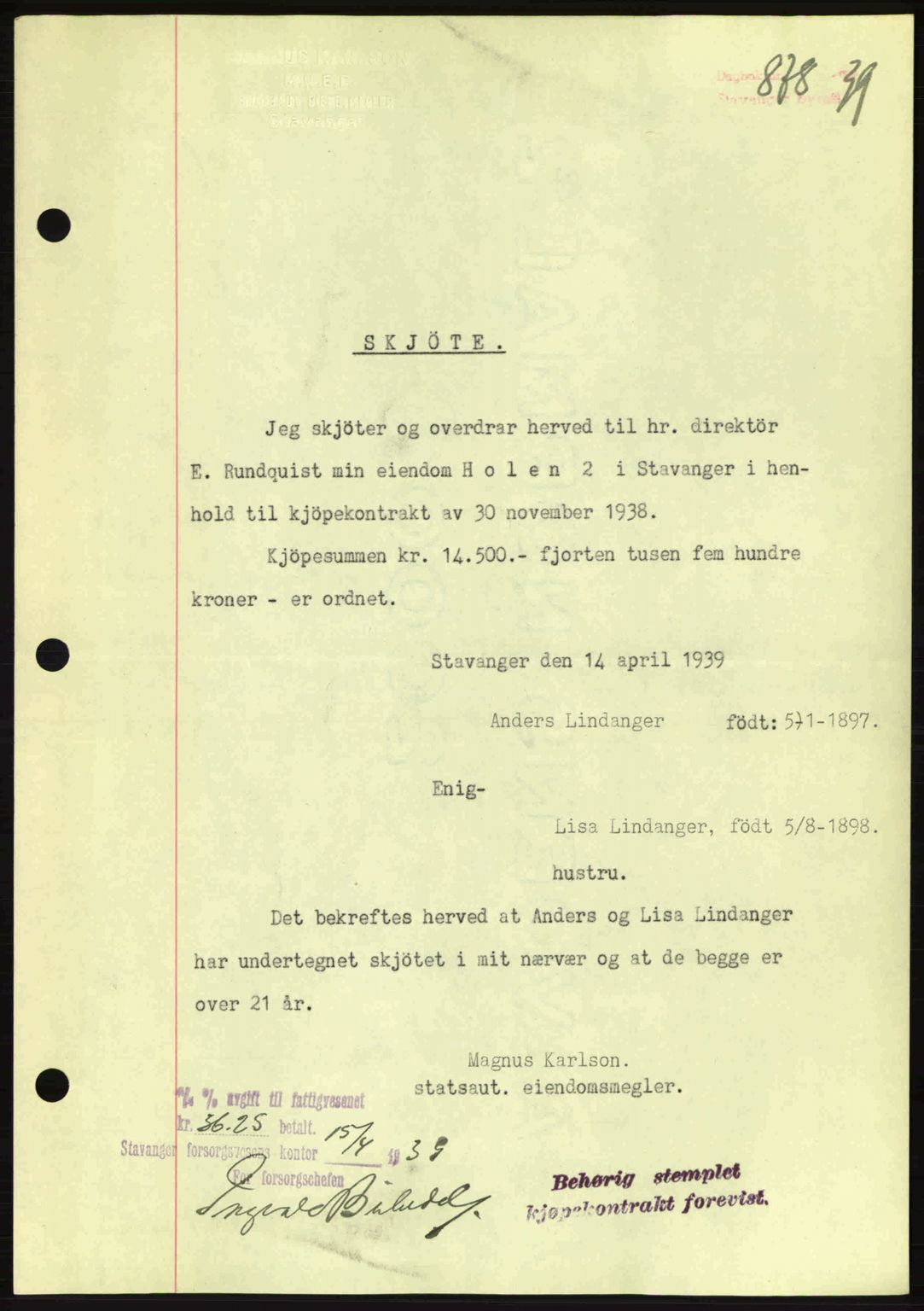 Stavanger byrett, SAST/A-100455/002/G/Gb/L0014: Mortgage book no. A4, 1938-1939, Diary no: : 878/1939