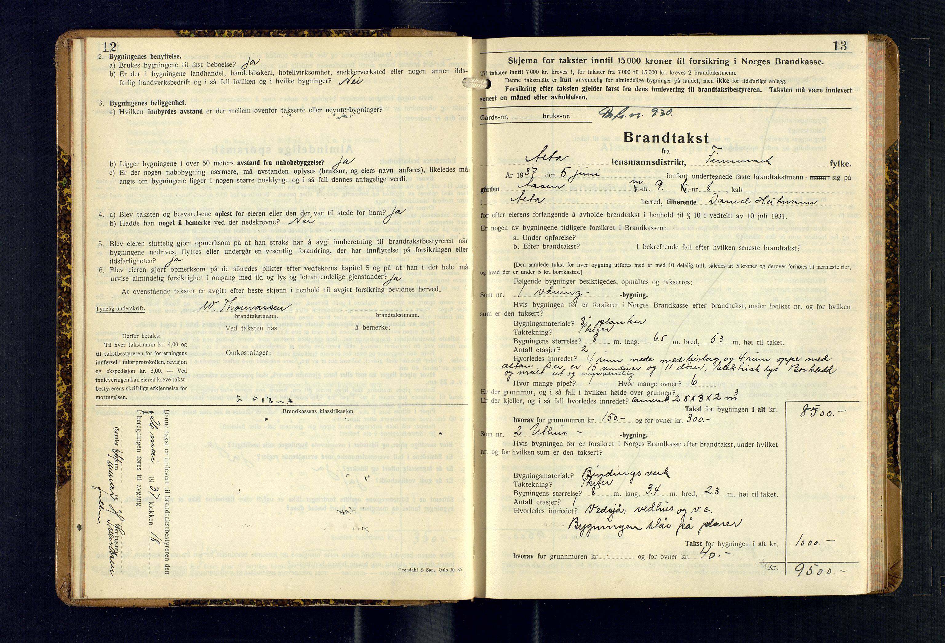 Alta lensmannskontor, AV/SATØ-S-1165/O/Ob/L0178: Branntakstprotokoll, 1937-1940, p. 12-13