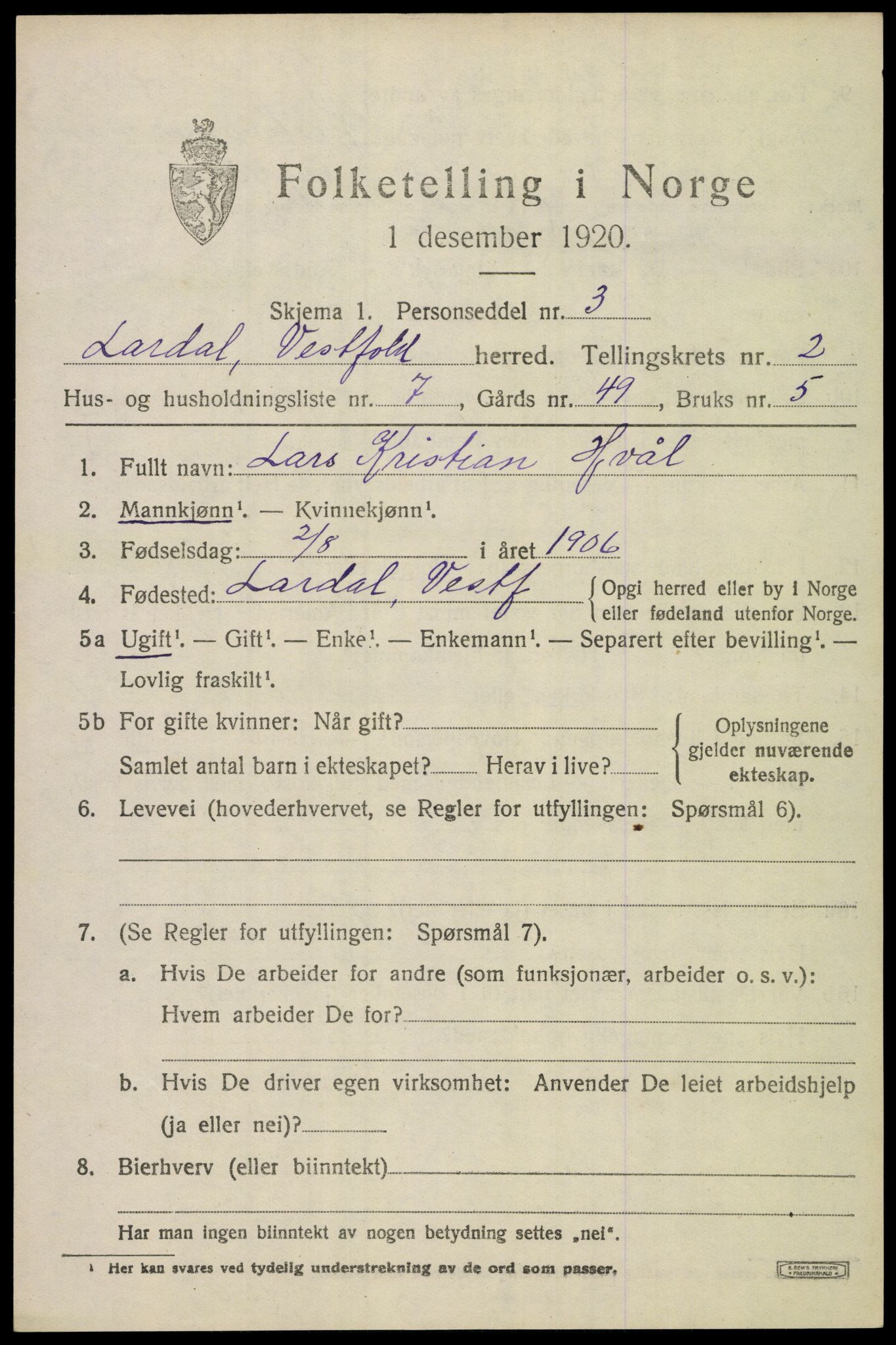 SAKO, 1920 census for Lardal, 1920, p. 2025