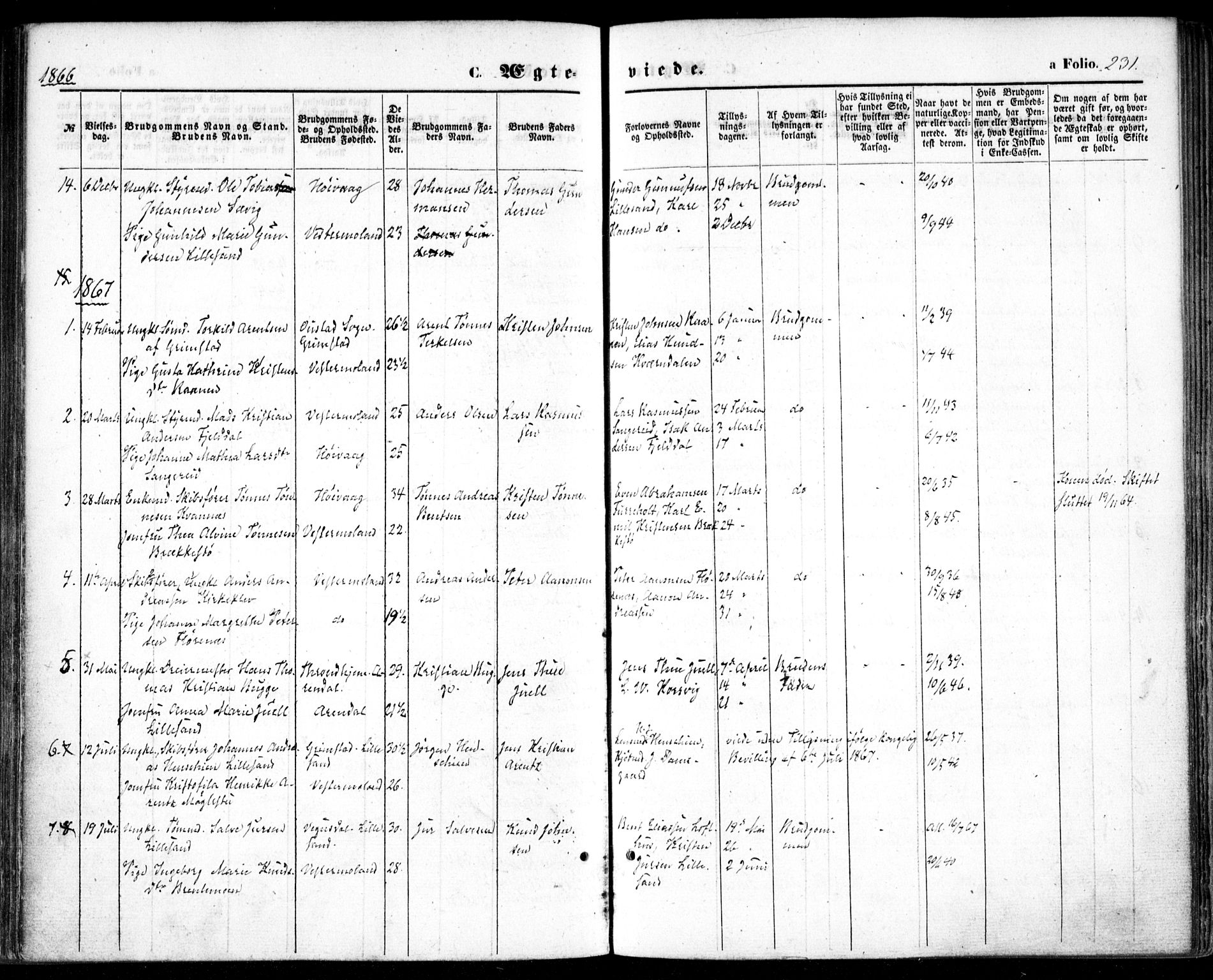 Vestre Moland sokneprestkontor, SAK/1111-0046/F/Fa/Fab/L0007: Parish register (official) no. A 7, 1859-1872, p. 231