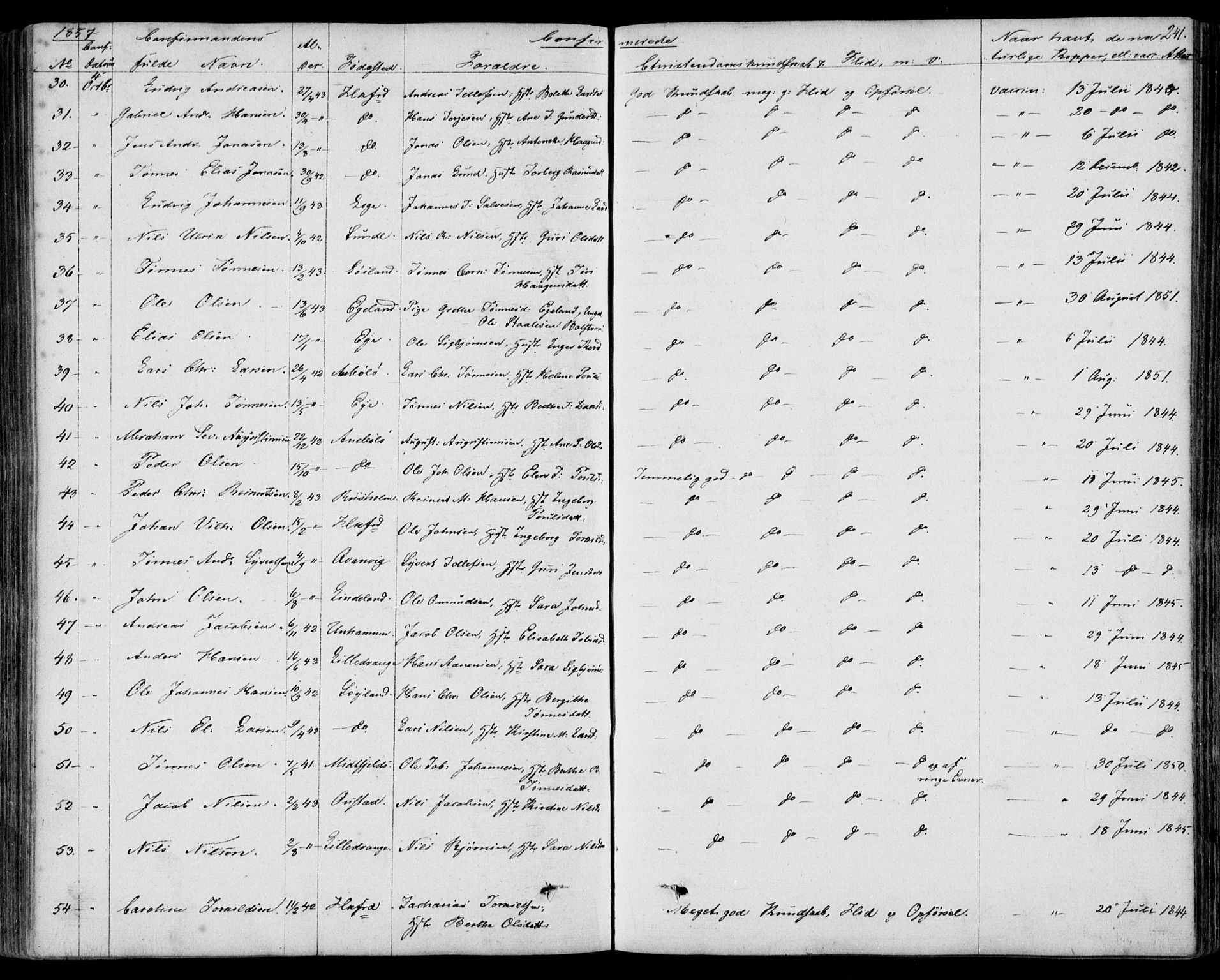 Flekkefjord sokneprestkontor, SAK/1111-0012/F/Fb/Fbc/L0005: Parish register (copy) no. B 5, 1846-1866, p. 241