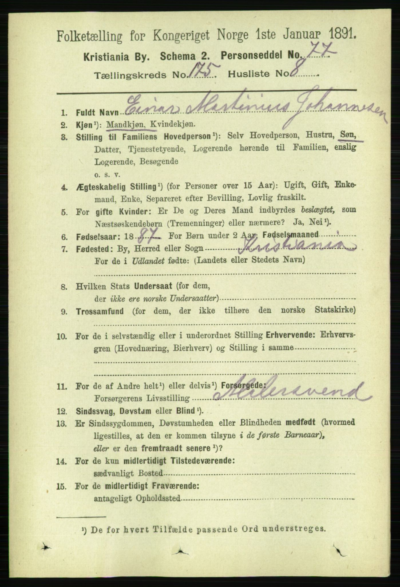 RA, 1891 census for 0301 Kristiania, 1891, p. 105415