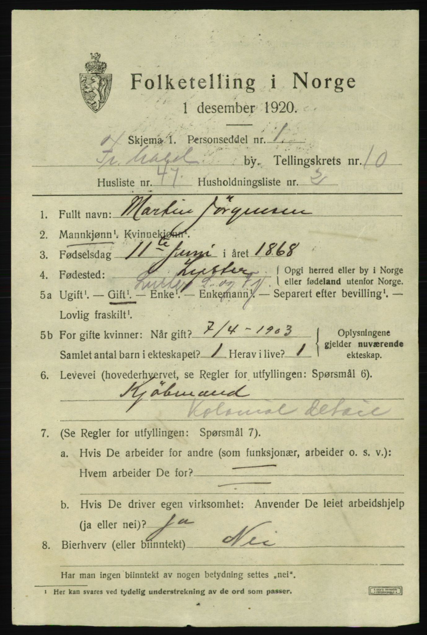 SAO, 1920 census for Fredrikshald, 1920, p. 18721