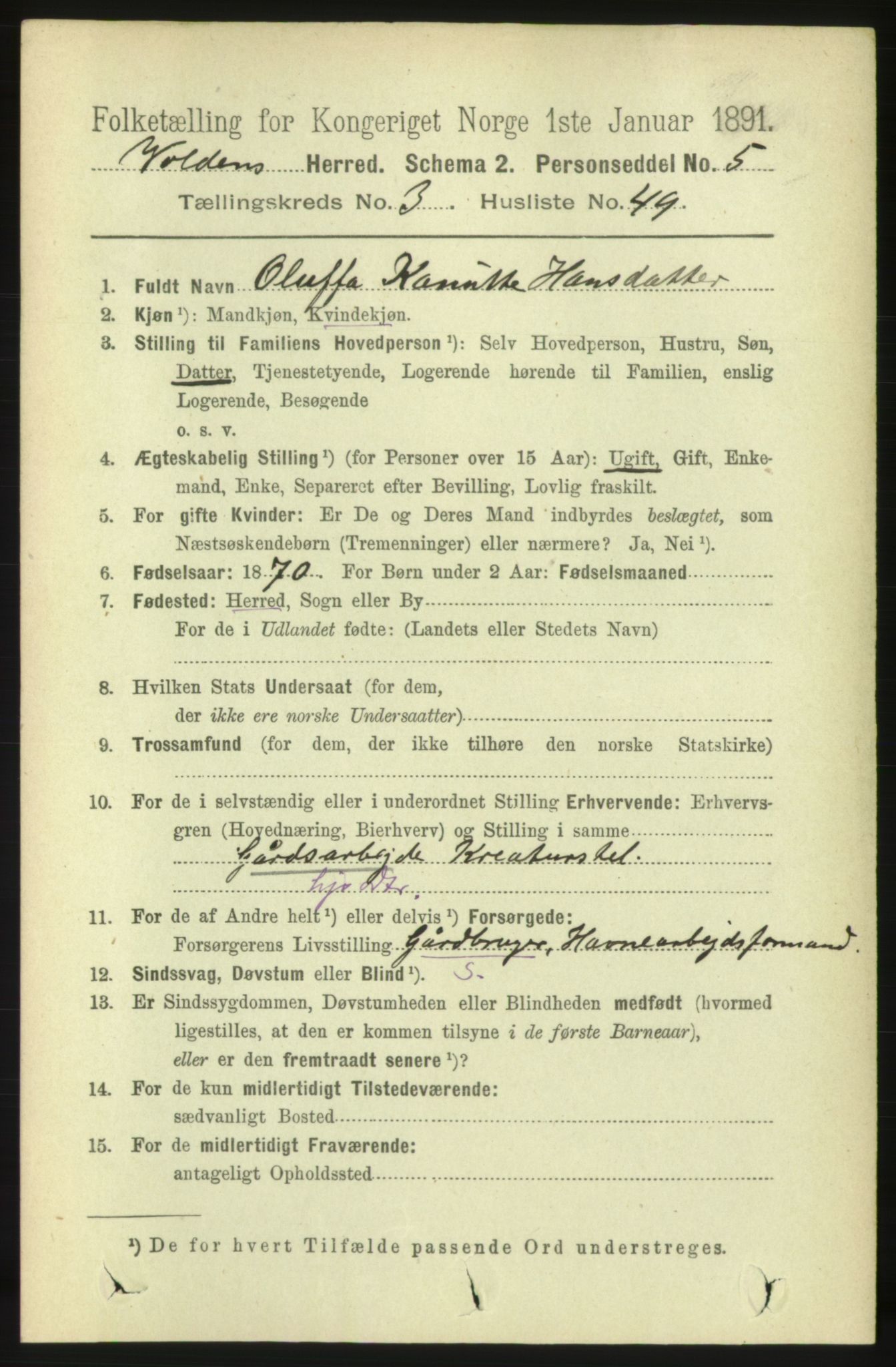 RA, 1891 census for 1519 Volda, 1891, p. 1922