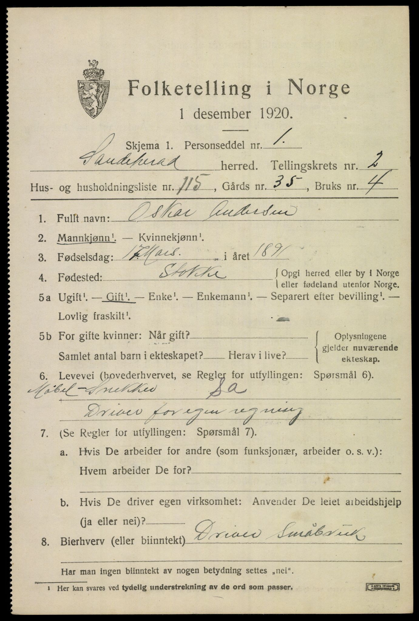 SAKO, 1920 census for Sandeherred, 1920, p. 5206