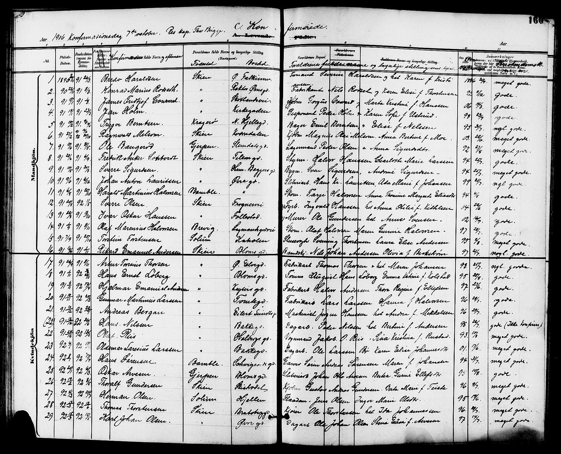 Skien kirkebøker, AV/SAKO-A-302/G/Ga/L0008: Parish register (copy) no. 8, 1900-1910, p. 160