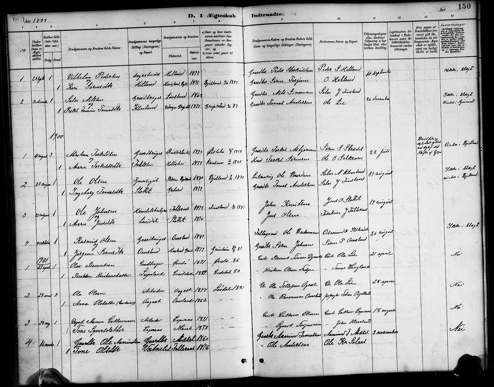 Bjelland sokneprestkontor, SAK/1111-0005/F/Fb/Fbb/L0005: Parish register (copy) no. B 5, 1887-1918, p. 150