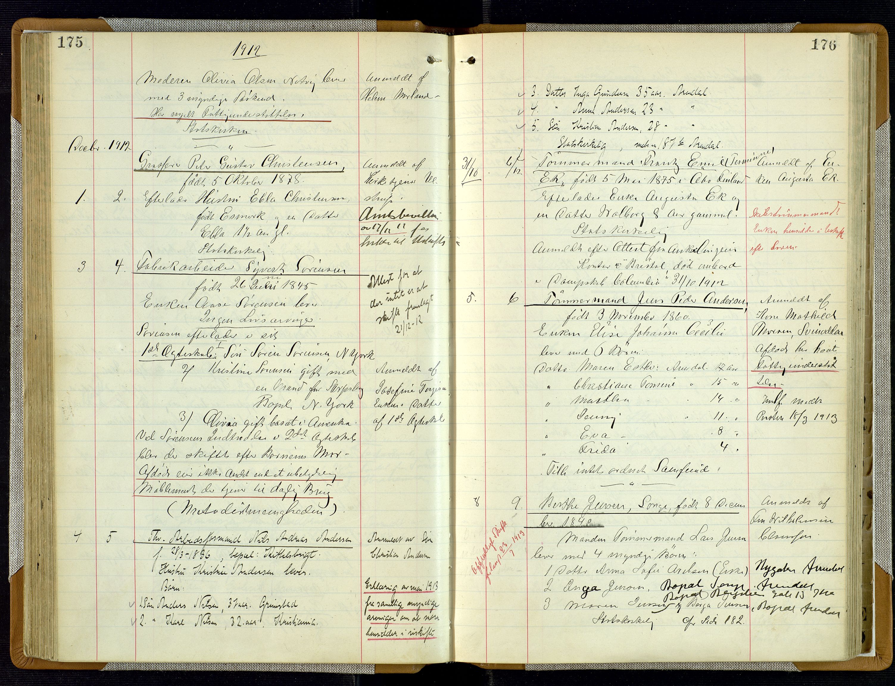 Arendal byfogd, AV/SAK-1222-0001/H/Ha/L0003: Dødsfallsprotokoll, 1908-1917, p. 175-176