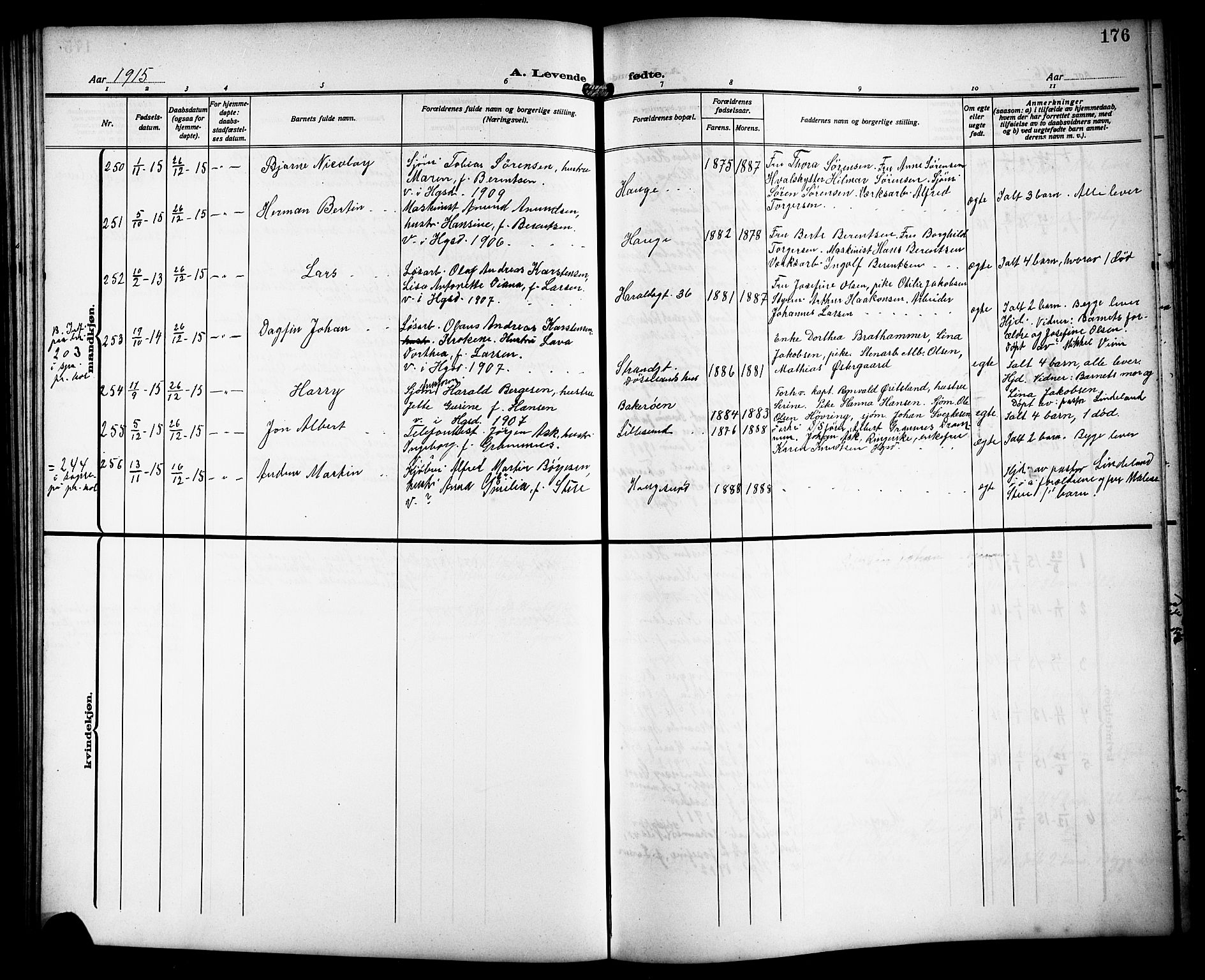 Haugesund sokneprestkontor, SAST/A -101863/H/Ha/Hab/L0007: Parish register (copy) no. B 7, 1909-1920, p. 176