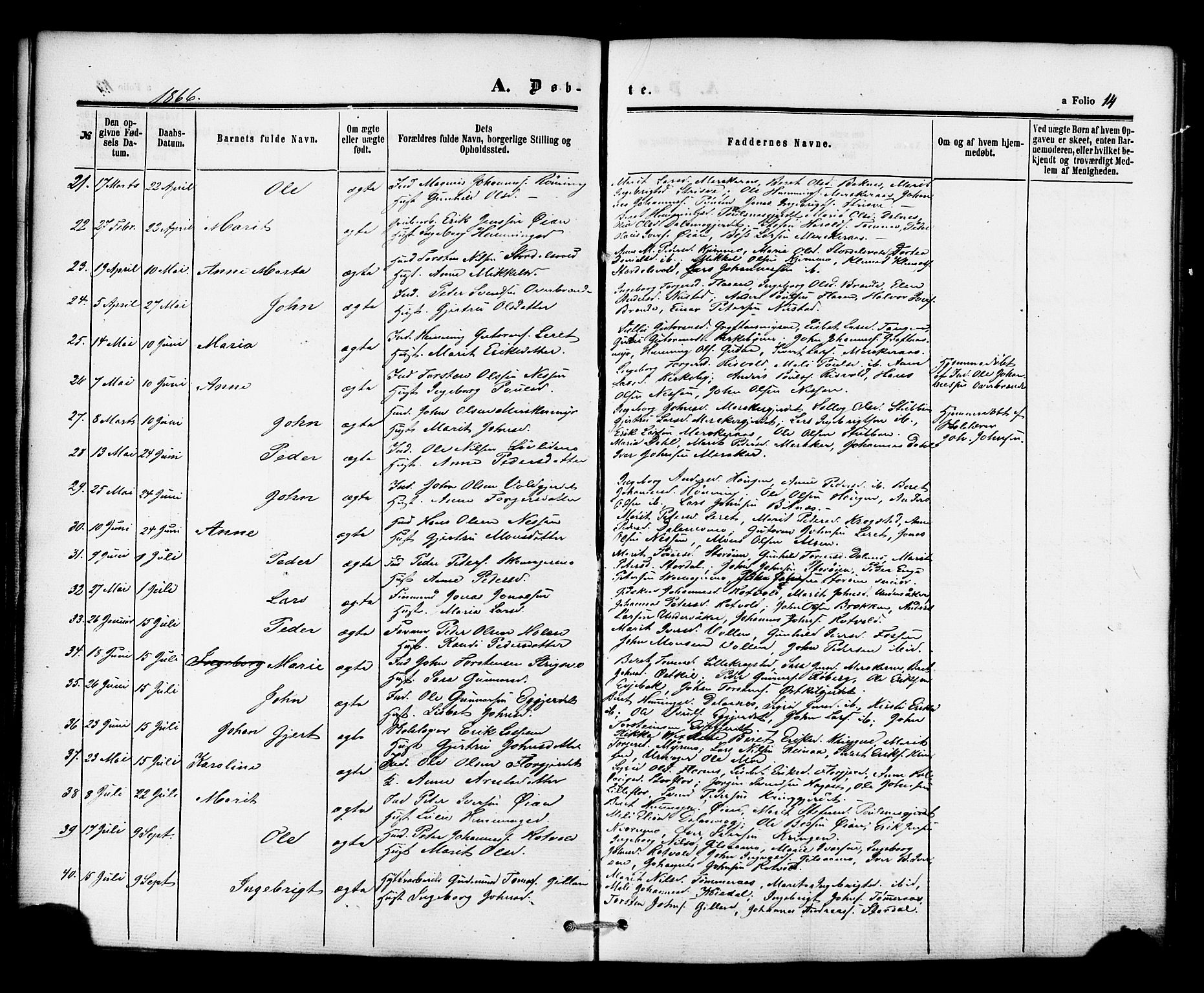Ministerialprotokoller, klokkerbøker og fødselsregistre - Nord-Trøndelag, SAT/A-1458/706/L0041: Parish register (official) no. 706A02, 1862-1877, p. 14