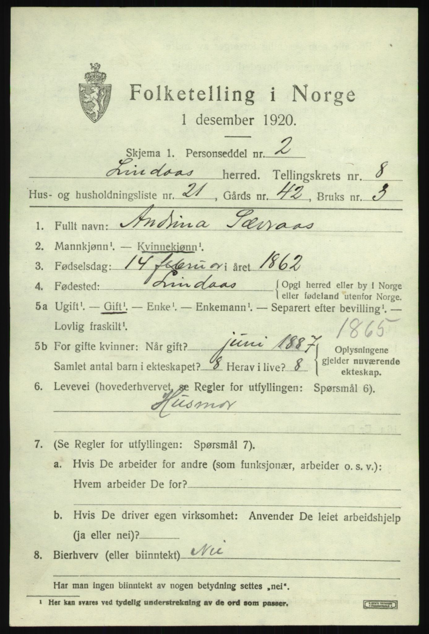 SAB, 1920 census for Lindås, 1920, p. 4529