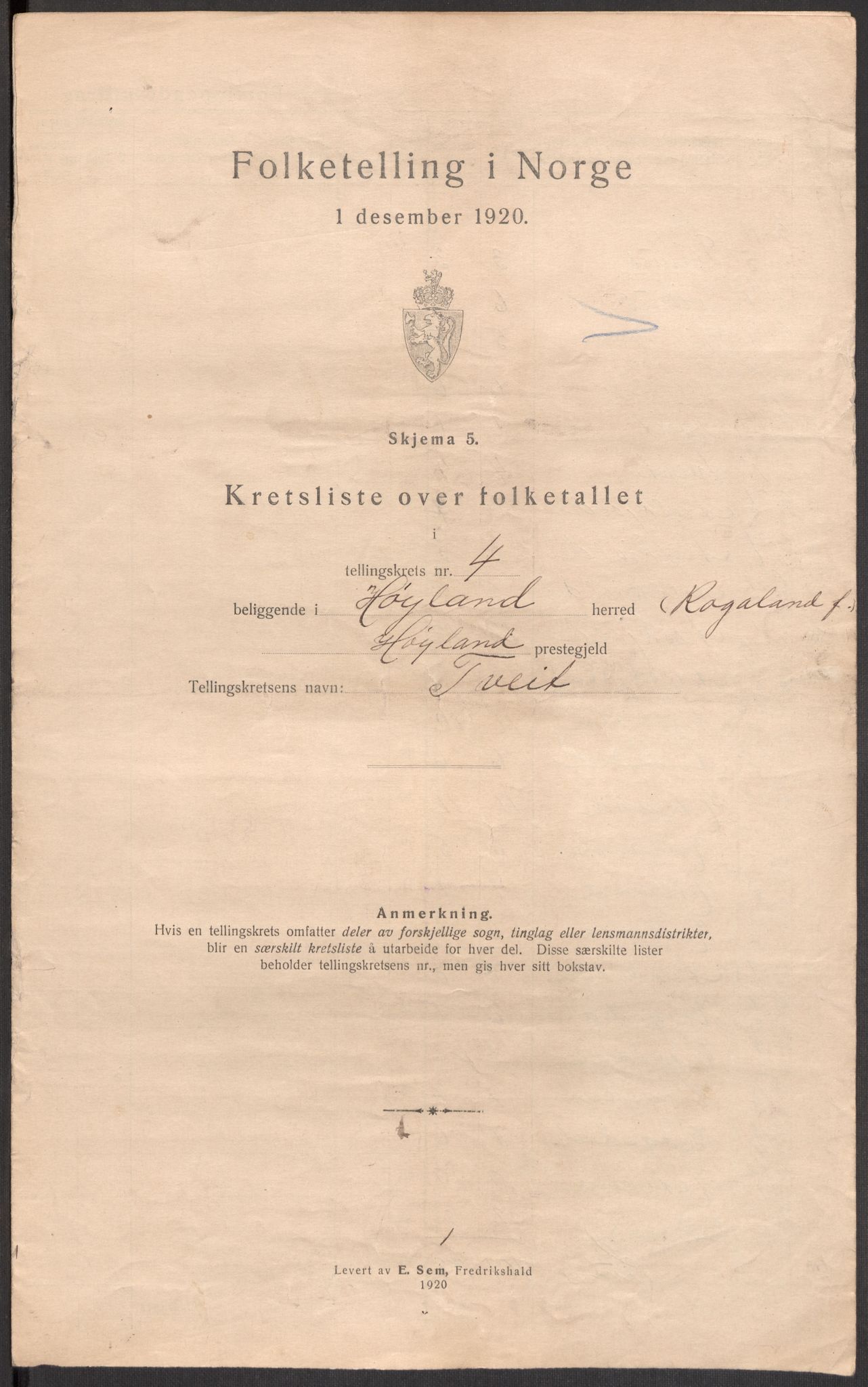 SAST, 1920 census for Høyland, 1920, p. 18