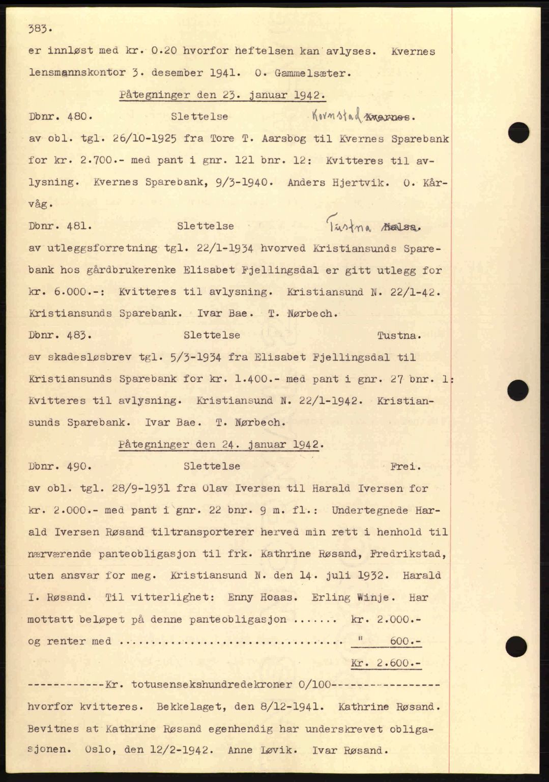 Nordmøre sorenskriveri, AV/SAT-A-4132/1/2/2Ca: Mortgage book no. C81, 1940-1945, Diary no: : 480/1942