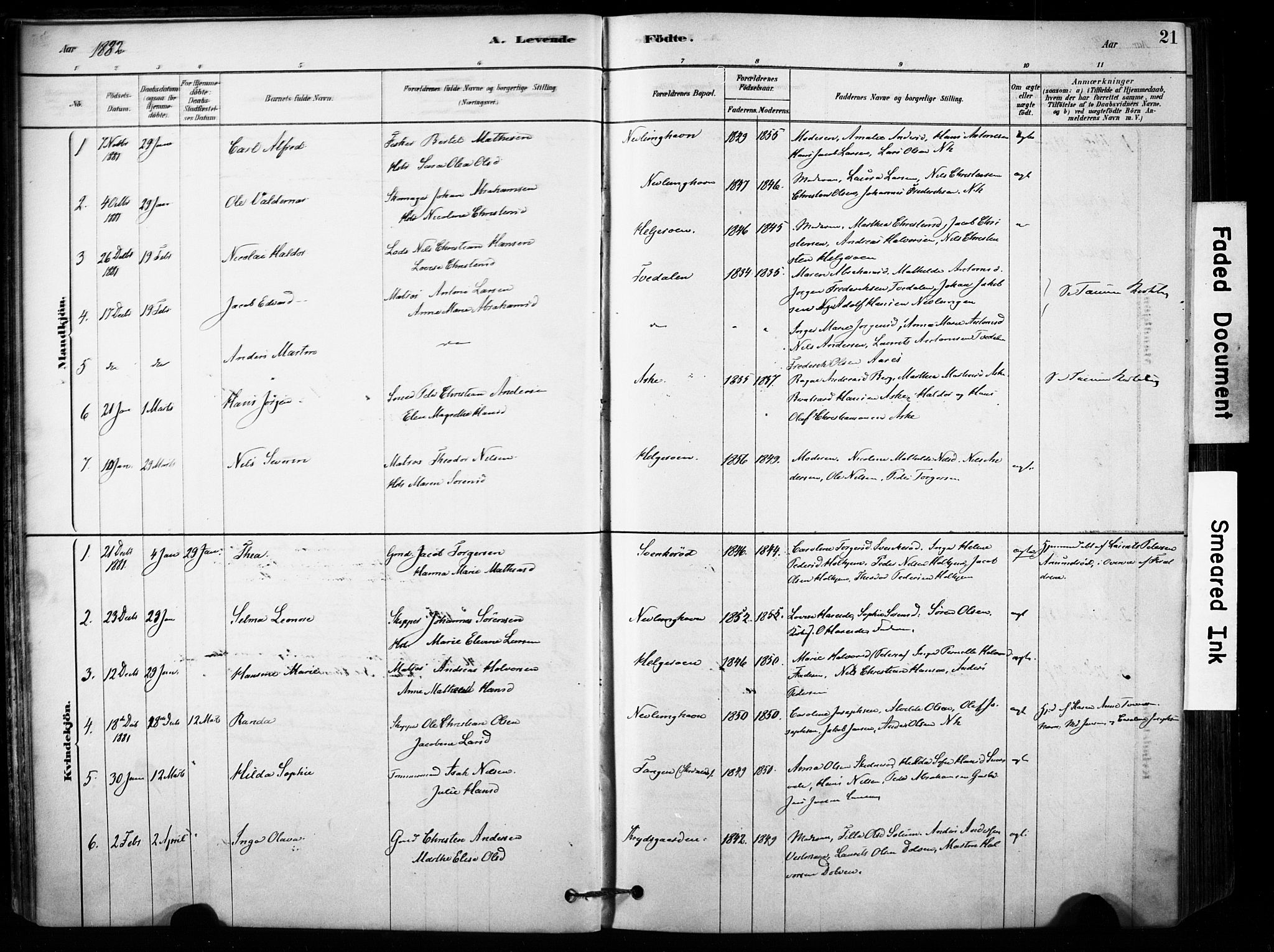 Brunlanes kirkebøker, AV/SAKO-A-342/F/Fb/L0001: Parish register (official) no. II 1, 1878-1899, p. 21