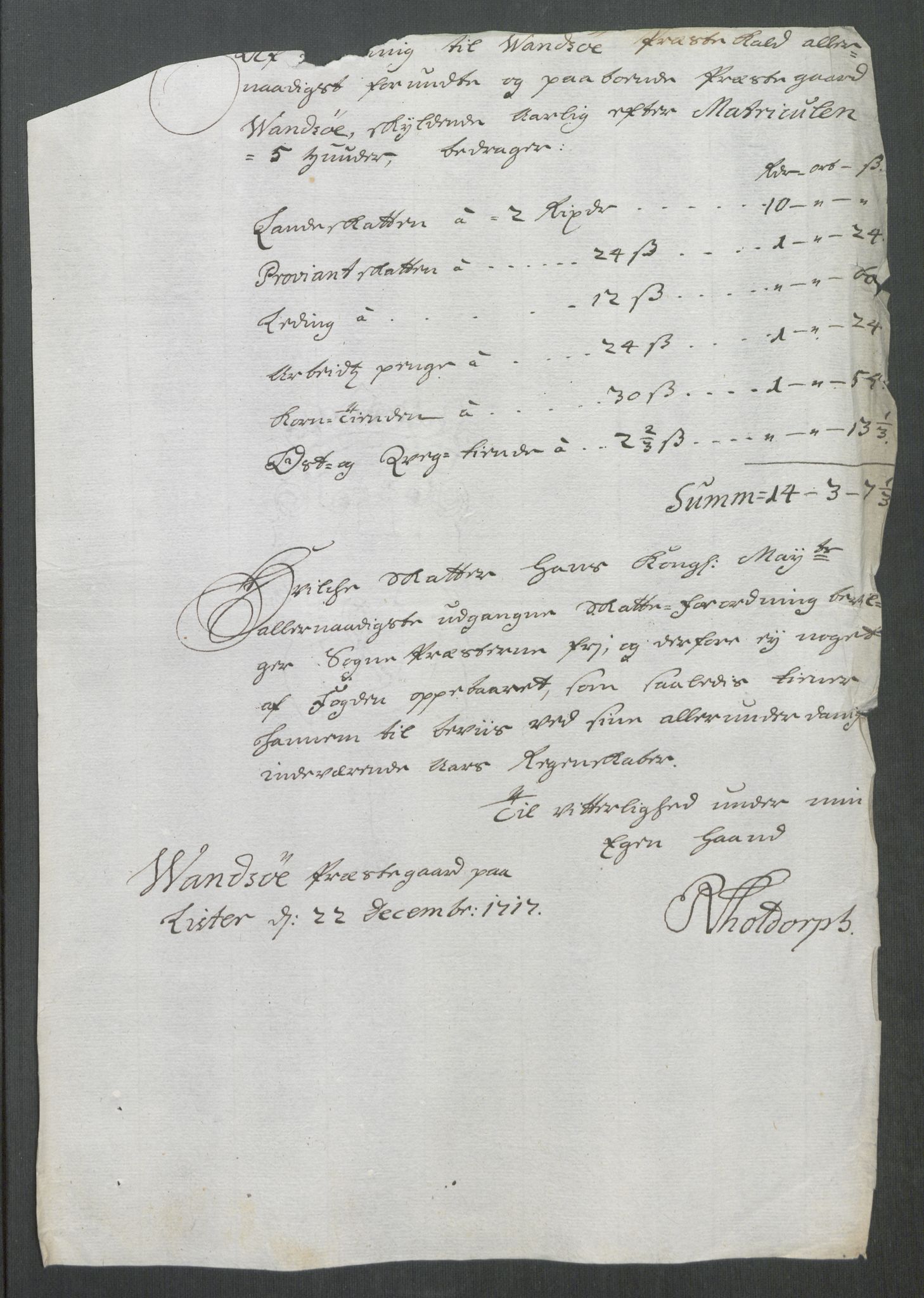 Rentekammeret inntil 1814, Reviderte regnskaper, Fogderegnskap, AV/RA-EA-4092/R43/L2561: Fogderegnskap Lista og Mandal, 1717, p. 219