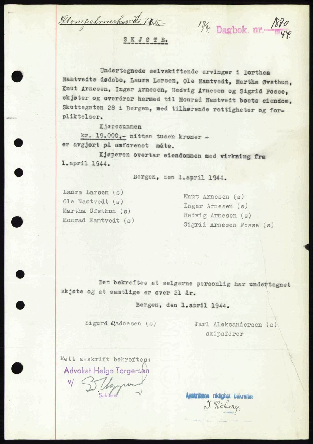 Byfogd og Byskriver i Bergen, AV/SAB-A-3401/03/03Bc/L0019: Mortgage book no. A16, 1944-1944, Diary no: : 1870/1944