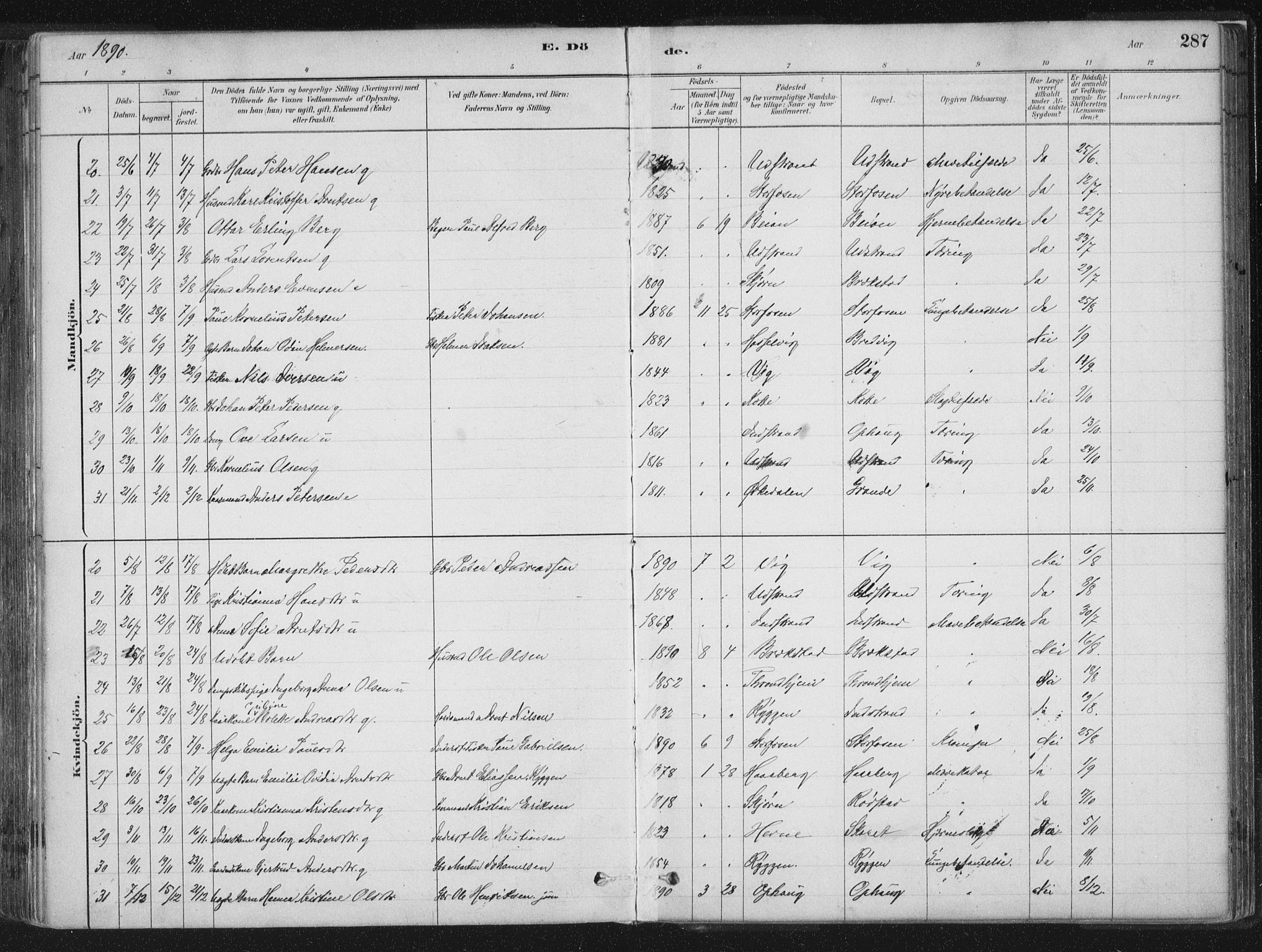 Ministerialprotokoller, klokkerbøker og fødselsregistre - Sør-Trøndelag, AV/SAT-A-1456/659/L0739: Parish register (official) no. 659A09, 1879-1893, p. 287