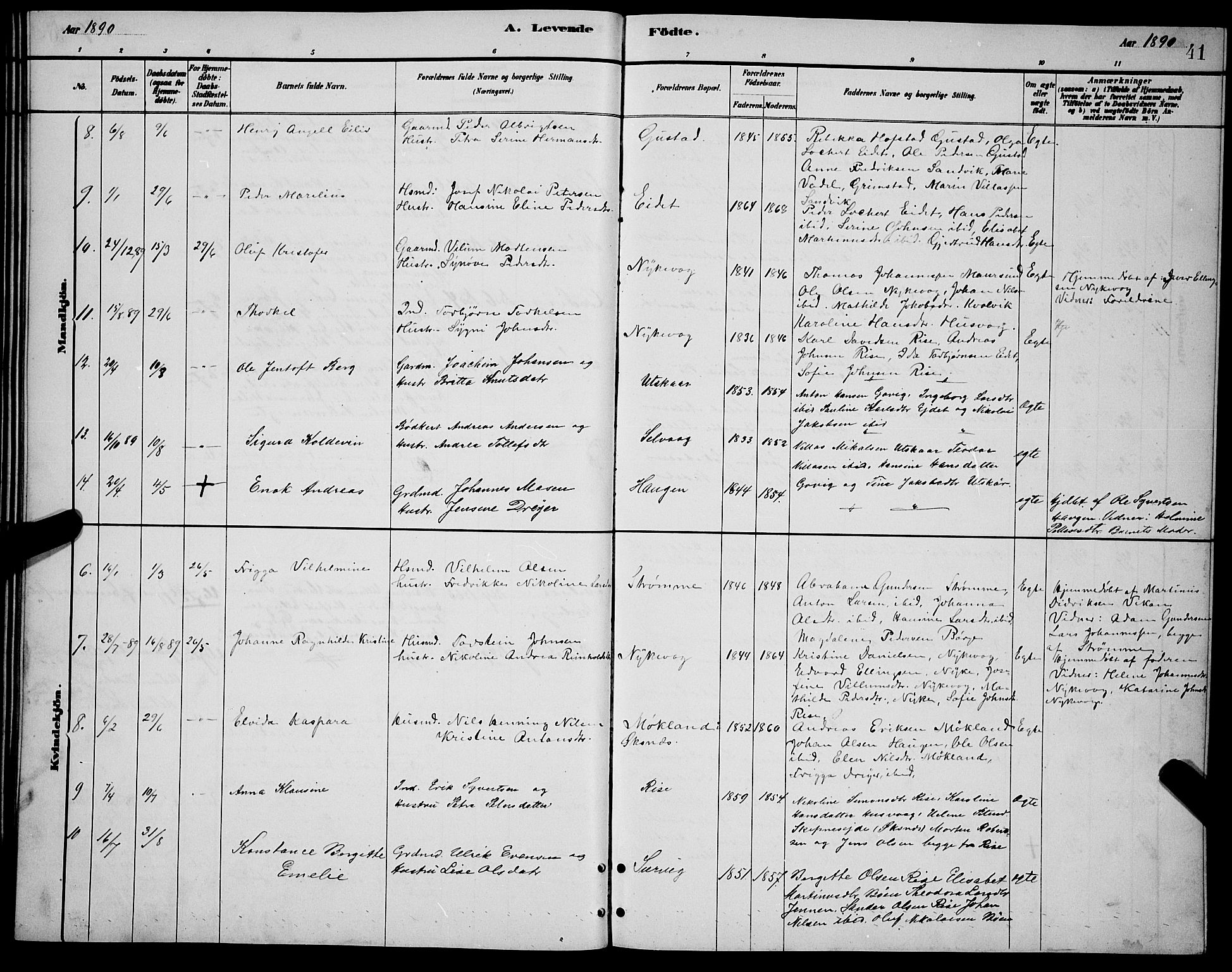 Ministerialprotokoller, klokkerbøker og fødselsregistre - Nordland, AV/SAT-A-1459/892/L1325: Parish register (copy) no. 892C02, 1878-1896, p. 41