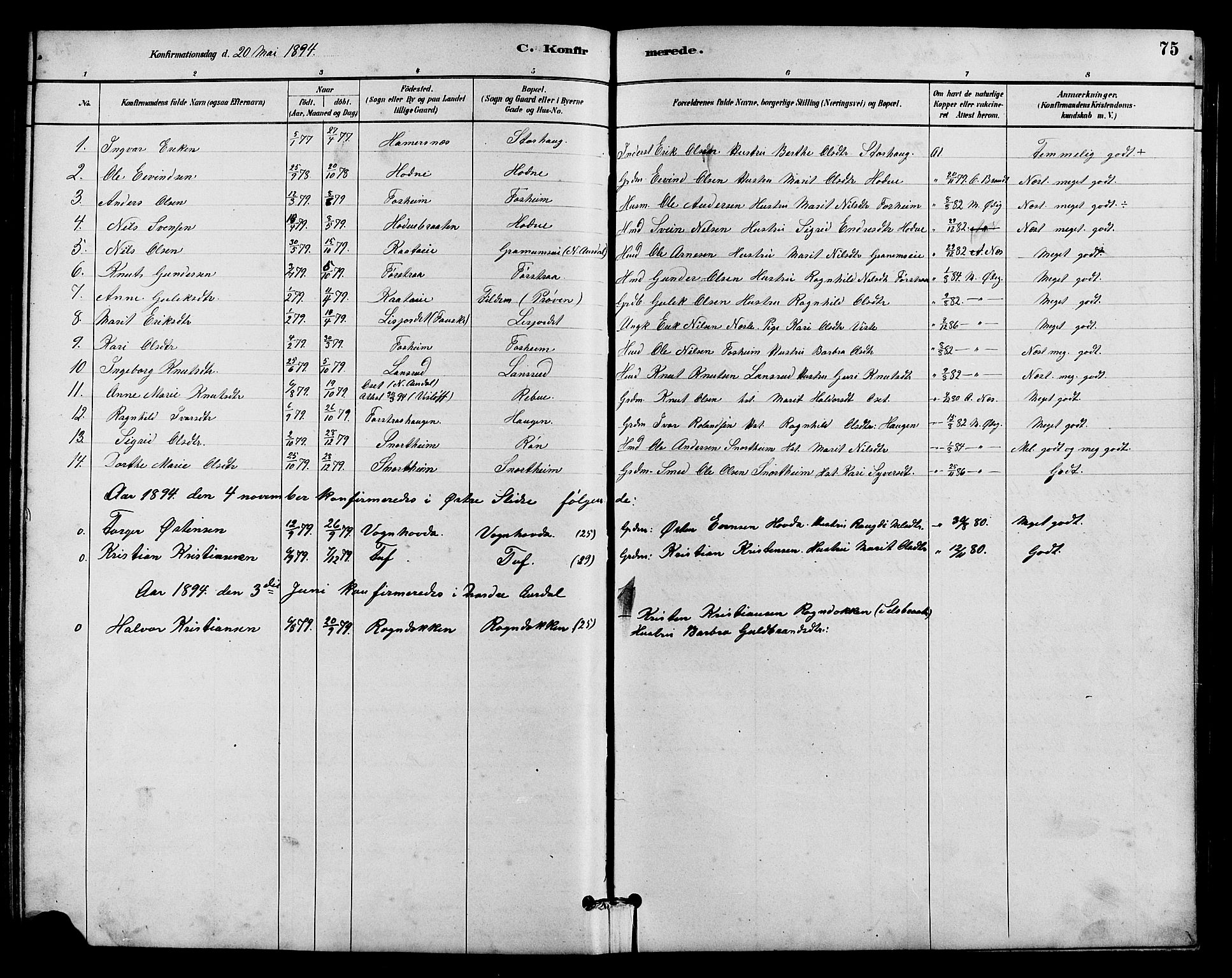 Vestre Slidre prestekontor, SAH/PREST-136/H/Ha/Hab/L0005: Parish register (copy) no. 5, 1881-1913, p. 75