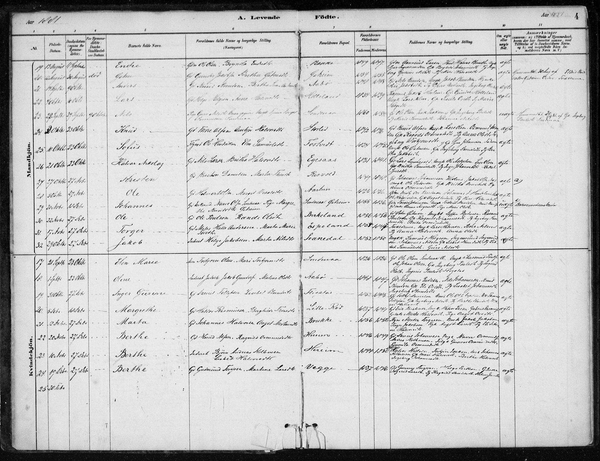 Sand sokneprestkontor, AV/SAST-A-101848/01/III/L0006: Parish register (official) no. A 6, 1880-1898, p. 4