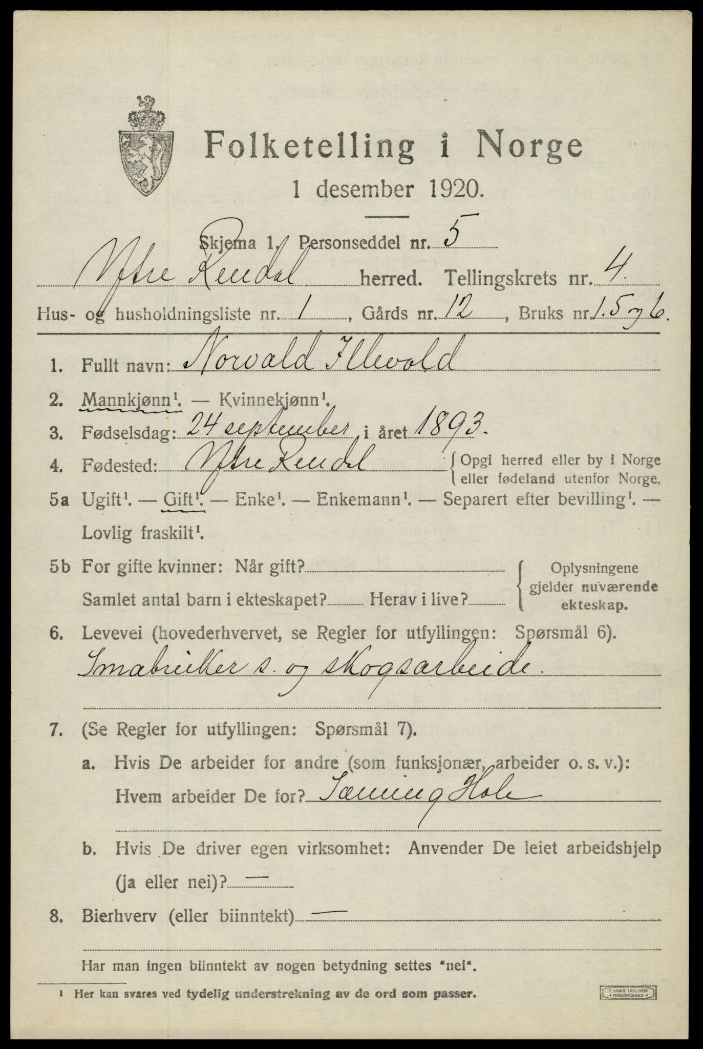 SAH, 1920 census for Ytre Rendal, 1920, p. 2057