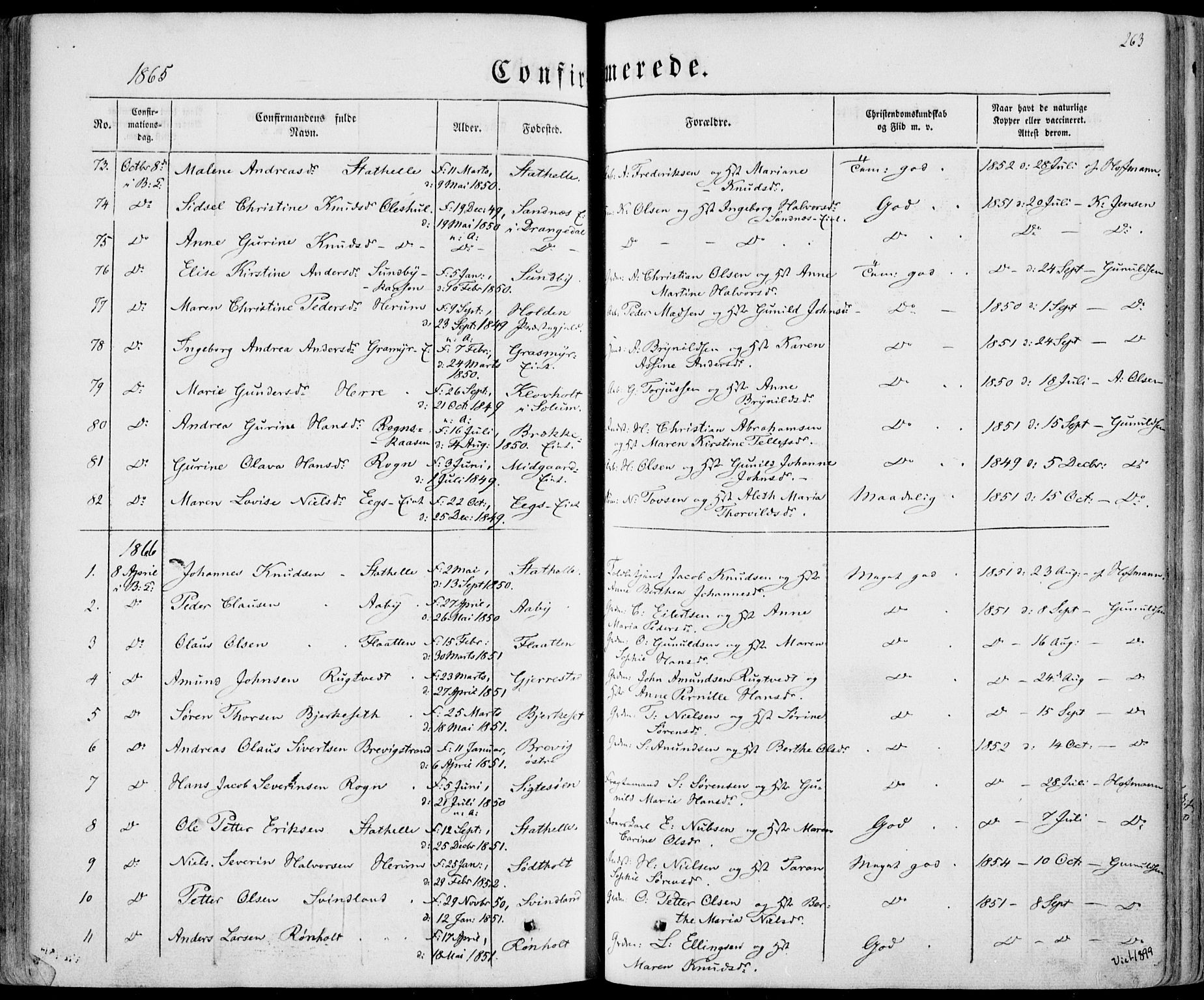 Bamble kirkebøker, SAKO/A-253/F/Fa/L0005: Parish register (official) no. I 5, 1854-1869, p. 263